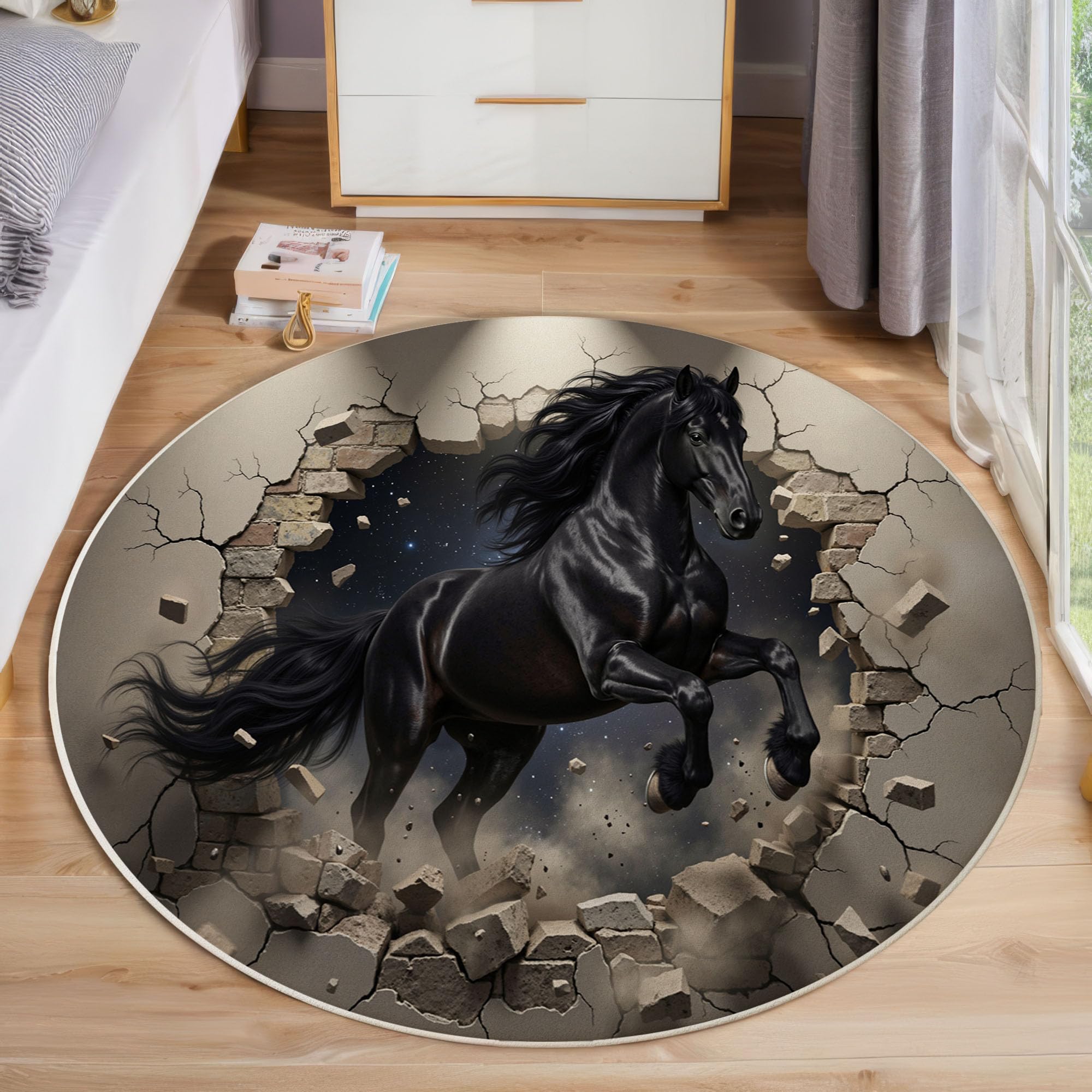 Tapis de salon rond animal noir 120cm moelleux motif cheval 3D