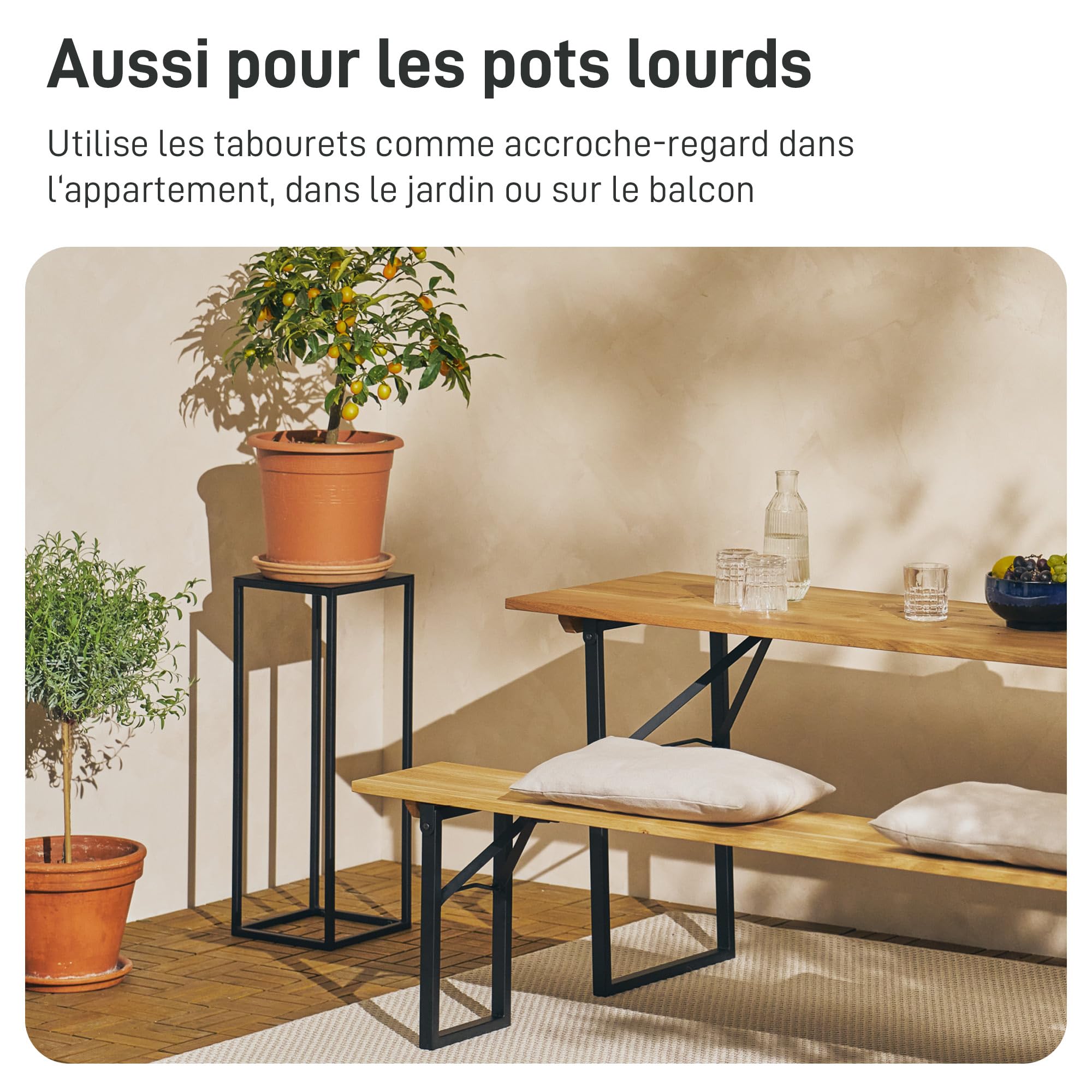 Natural Goods Berlin 1x support pour plantes RECHTECK, tabouret à fleurs carré en métal, pour l'intérieur et l'extérieur, table d'appoint, résistant aux intempéries (Noir, 70cm)