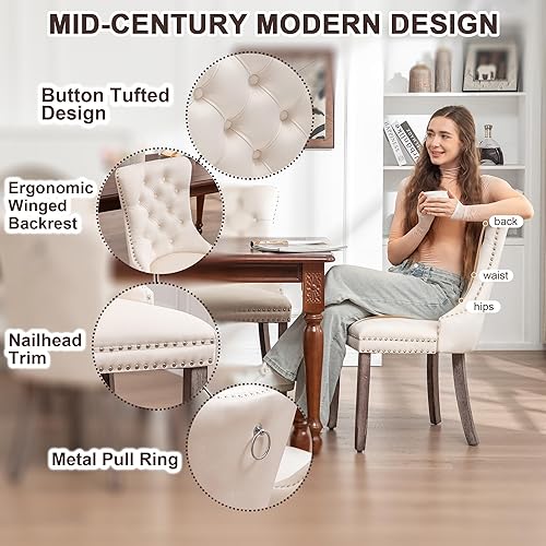 Miniatura 6 de Kiztir Velvet Dining Chairs Set of 4, Upholstered Dining Room Chairs with Ring Pull Trim and Button Back, Luxury Tufted Dining Chair for Living