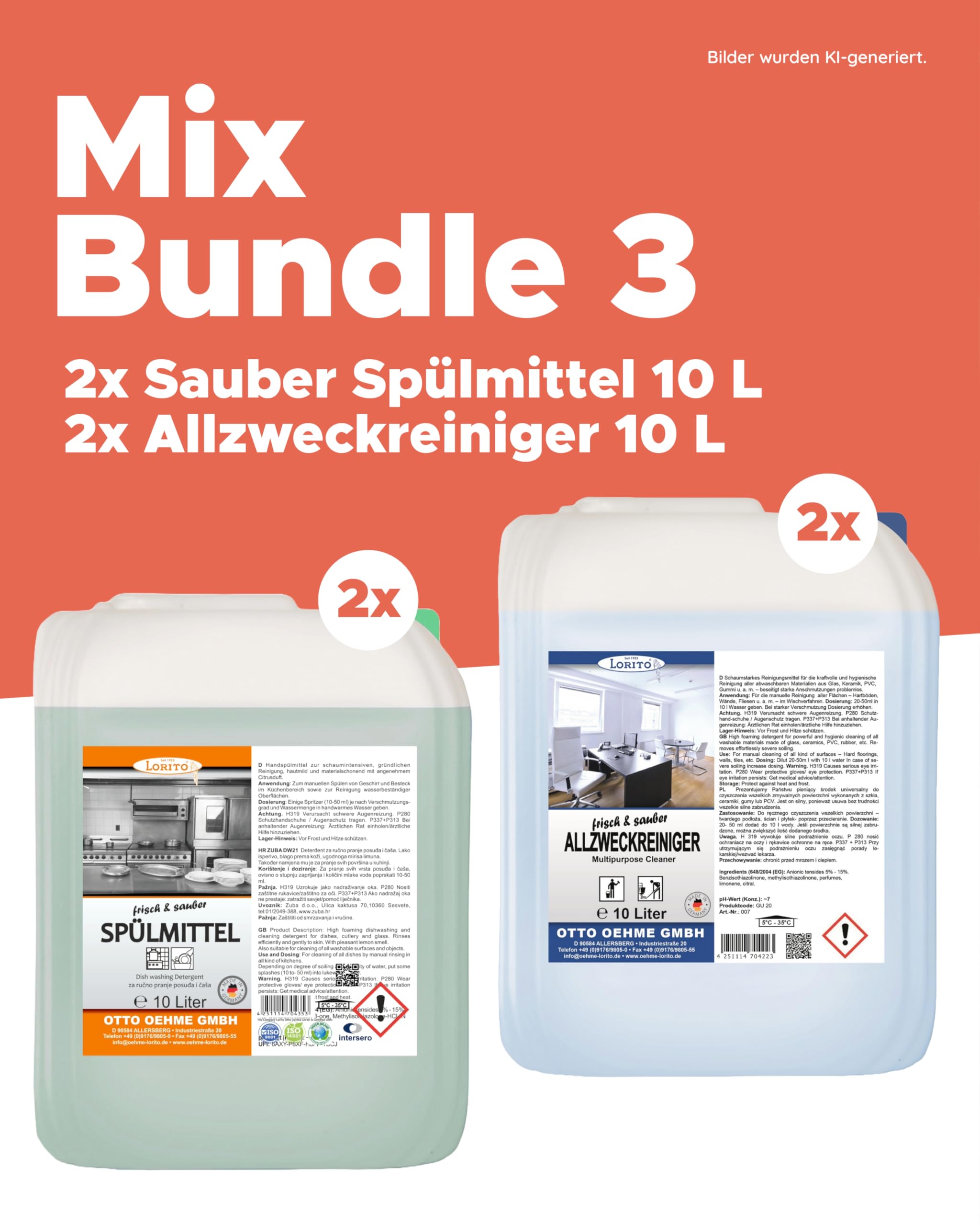 Lorito Set frisch & sauber Spülmittel 2 x 10L & Allzweckreiniger 2 x 10L | Profi-Reinigungsmittel gegen hartnäckige Verunreinigungen, glanzvolles Ergebnis, zwei Haushaltsreiniger in einem Set