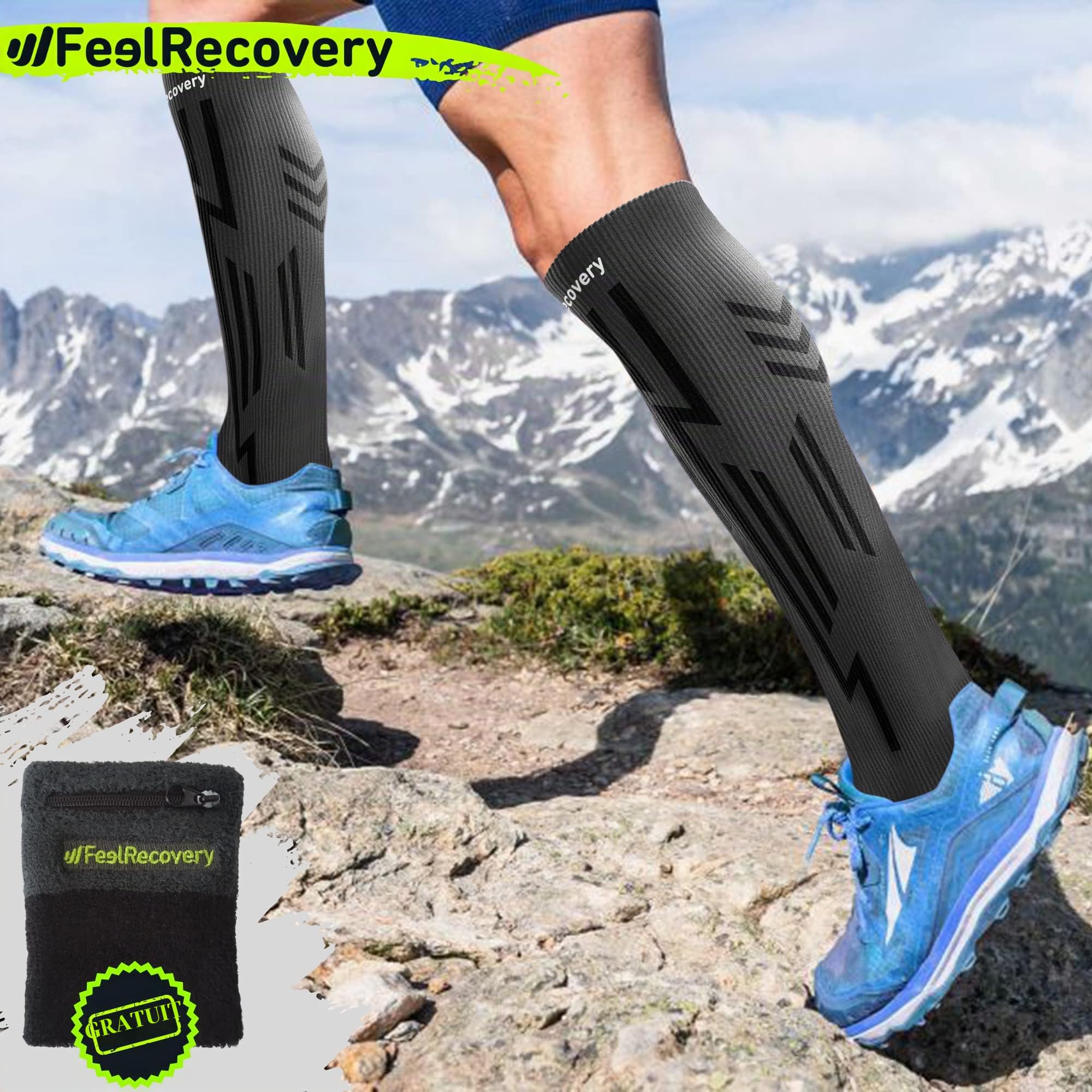 Bas de Contention Homme & Femme (1 Paire) - Chaussettes Compression Sport, Running, Ski, Athlétisme - Manchons Contention Voyage, Travail & Récupération - Chaussettes Longues Respirantes Laine Mérinos