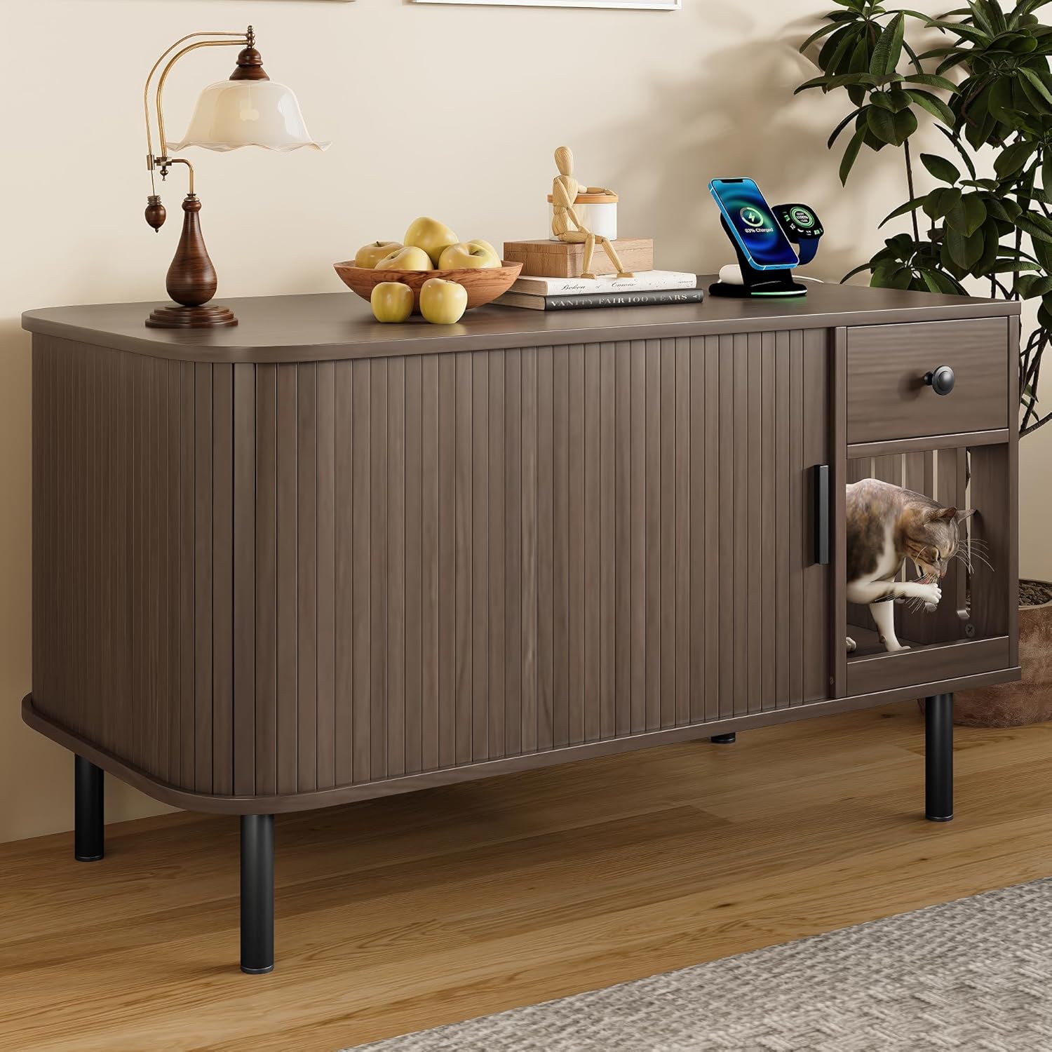 37.4" Cat Litter Box Enclosure Furniture with Sliding Door, Hidden Cat House with Drawer, Charging Station, Indoor Cats Cabinet TV Stand End Table for Living Room, Brown