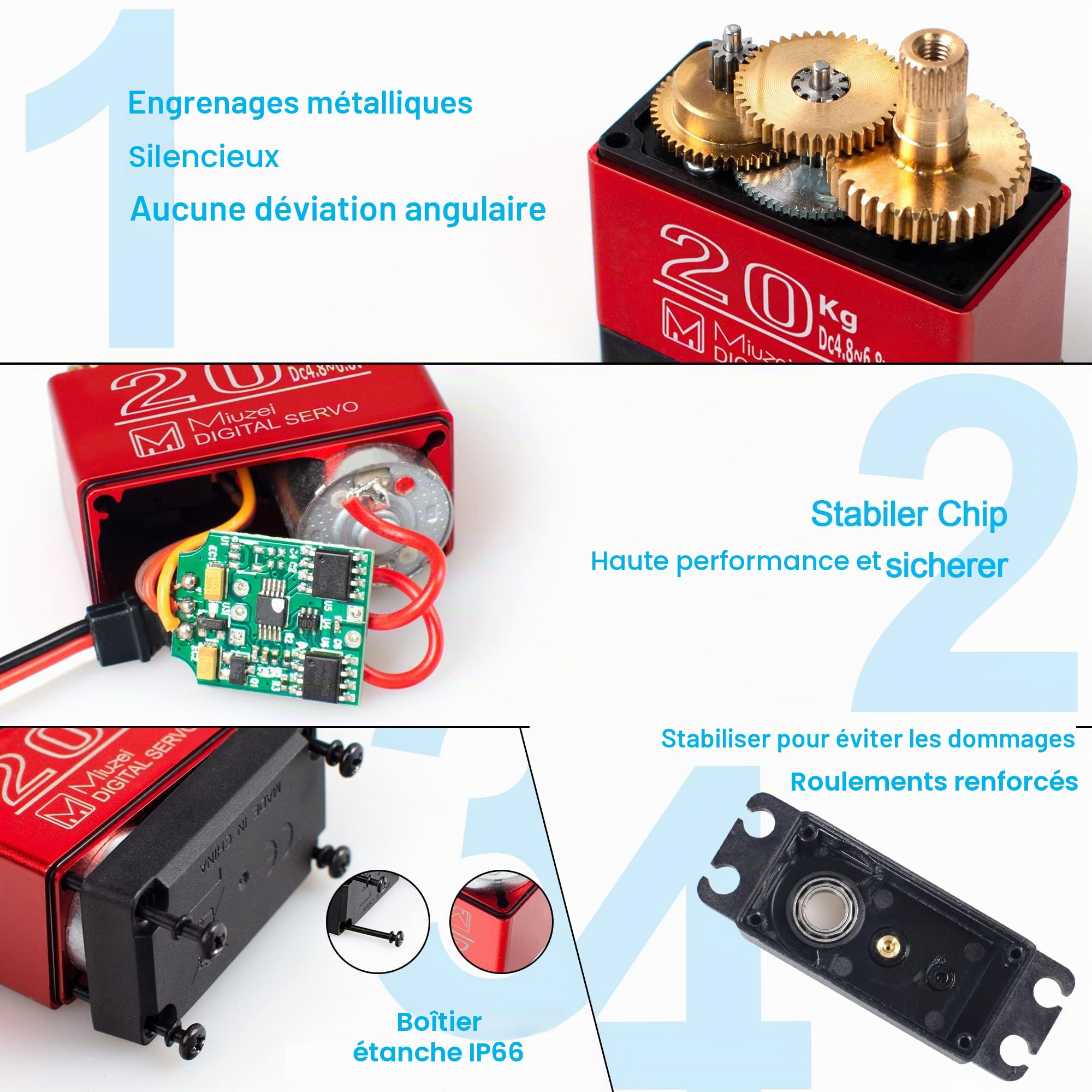 Miuzei Lot de 3 Servo de Direction Rc Digital Servo 20 kg, Direction Étanche à 270° avec Engrenage en Métal pour Voiture, 1/10 1/8, Modèles Toys, Avion, Robots, Bras, Ailes de But, Voiture,