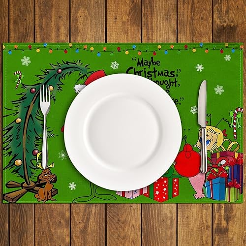 Miniatura 4 de Nepnuser Juego de 4 manteles individuales de lino con texto en inglés Merry Christmas de Grinchmas Whoville Green Elf Navidad, fiestas de invierno,