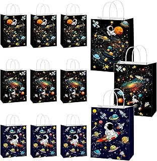 Pineraap 24Pcs Outer Space Gift Bags with Handles, 8.7x6.3x3.1In - Galaxy Planet Theme Space Goodie Paper Bags for Boys Girls Kids, Astronaut Party Favor Bag for Galaxy Theme Birthday Party Decor