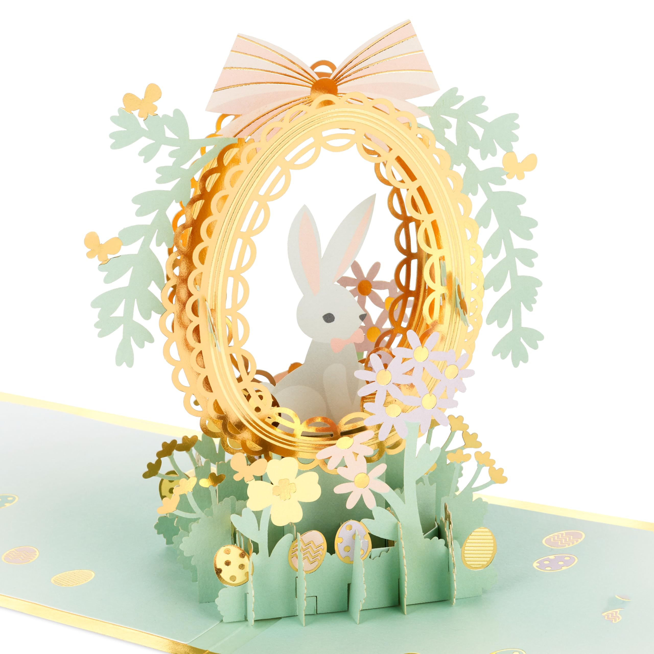 Hallmark Easter Card, Pop Up Card, 3D Easter Egg and Rabbit Design, Die cut Details, Gold, White