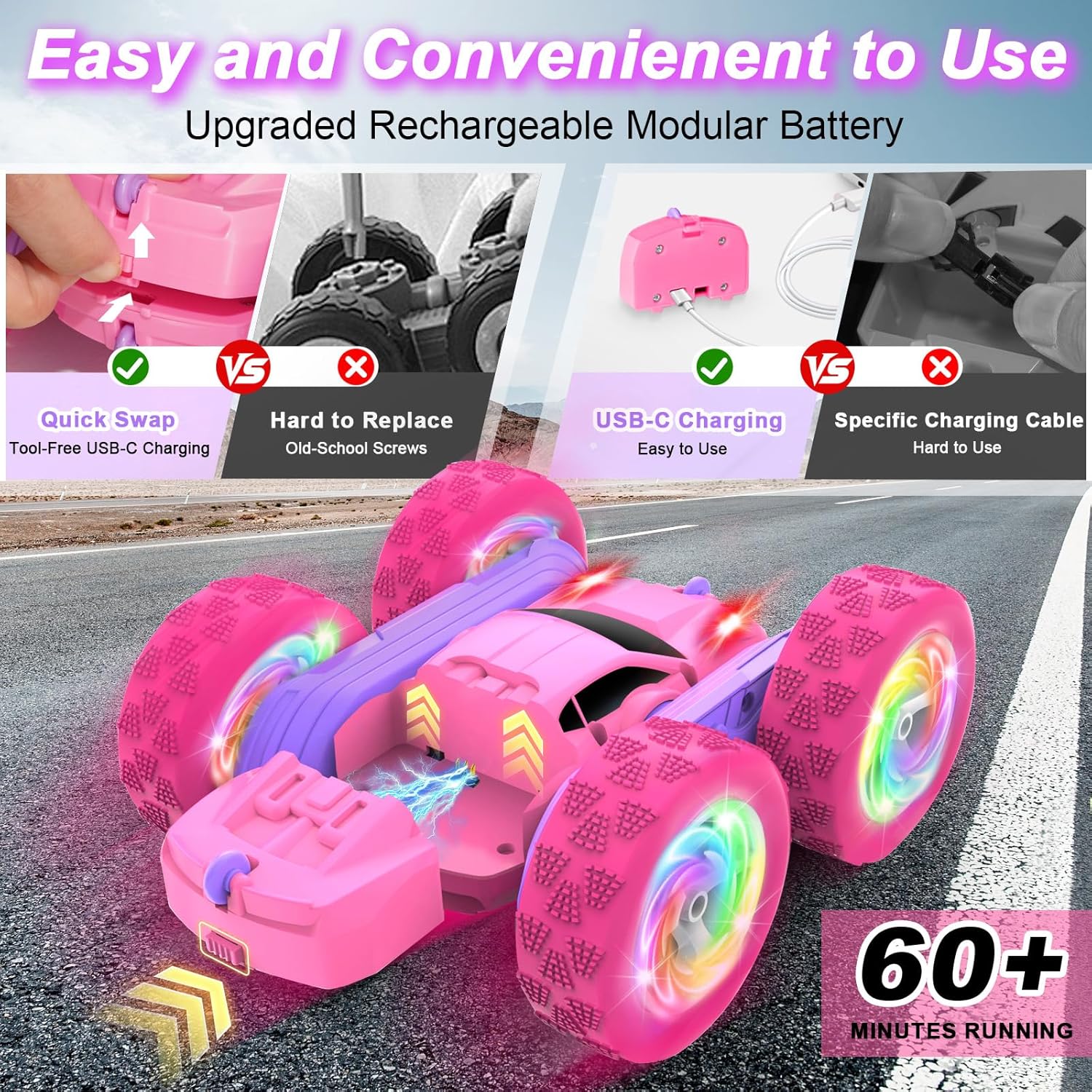 Remote Control Car, RC Cars for Girls, 2.4 GHz Double Sided RC Crawler with Upgraded USB-C Modular Battery, 360°Rotating Car Toys for 6 7 8 9 10 11 12 Year Old Girl Birthday Gift Pink-Purple - Image 2