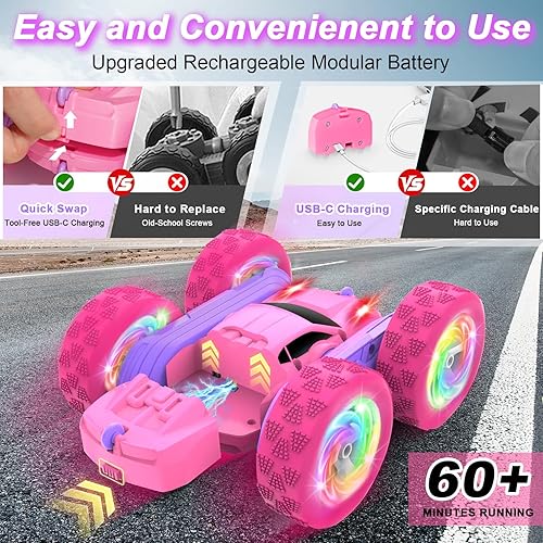 Miniatura 2 de Auto a control remoto, autos RC para niñas, rastreador RC de doble cara de 2.4 GHz con batería modular USB-C mejorada, juguetes de automóvil