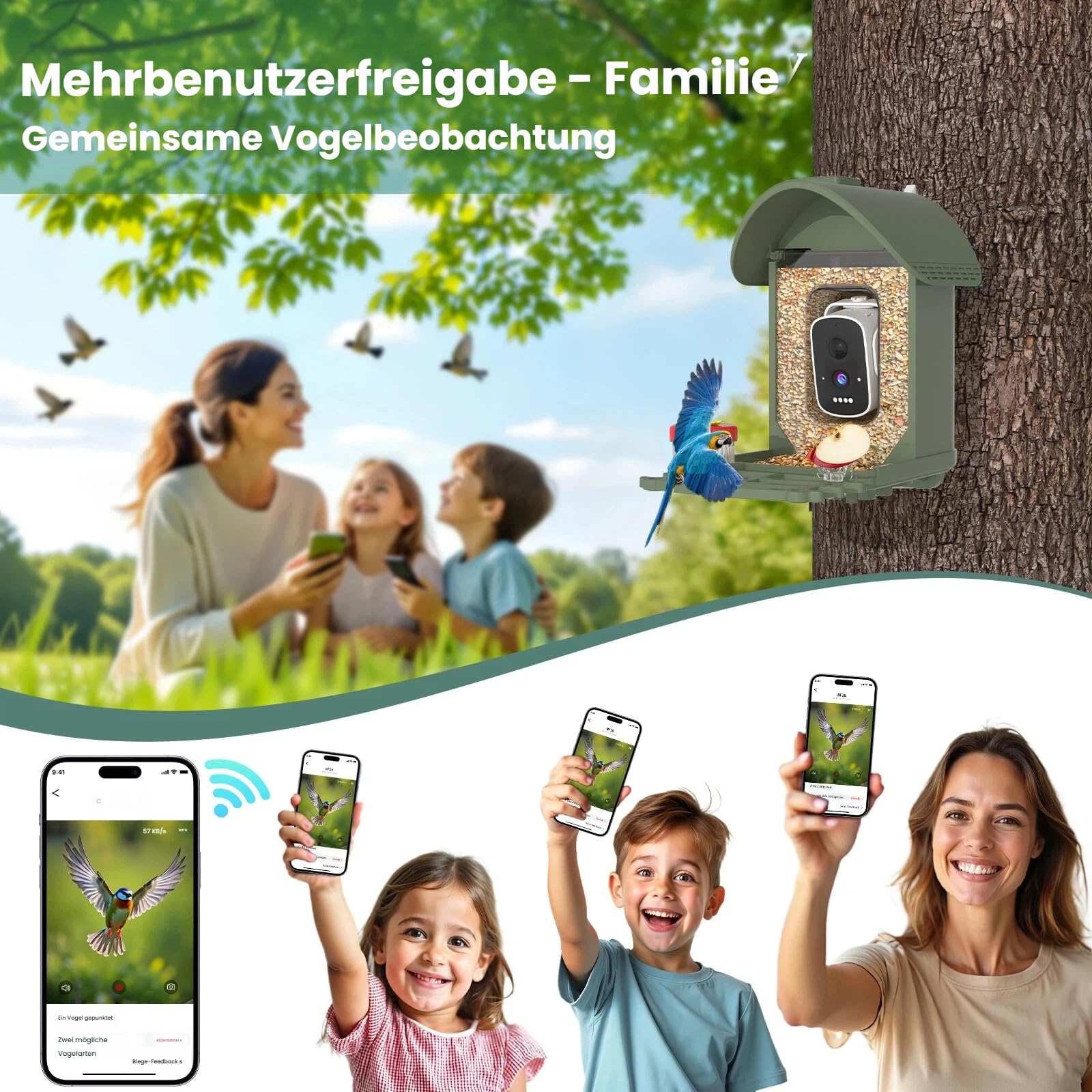 Vogelhaus mit Kamera, 3K Smart Vogelhäuschen mit KI-Vogelerkennung & Vogeltränke, Solarbetrieben Vogelbeobachtung Kamera mit Edelstahlkabel & Futter-Schutznetz, Outdoor Garten Geschenk