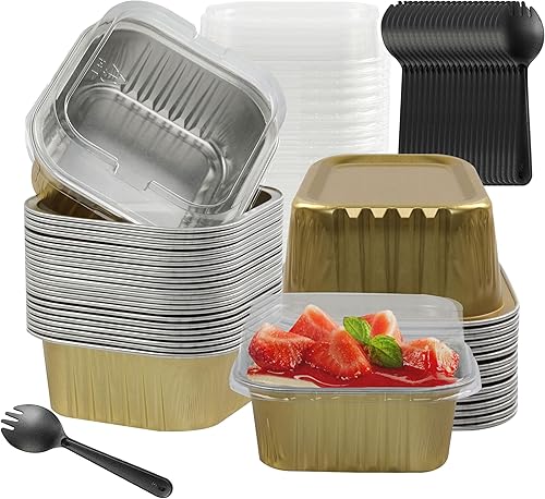 BAKINGPAK Tazas de aluminio para hornear, 30 moldes para pasteles de 5 onzas con tapas, moldes desechables con tapas, moldes de aluminio, mini