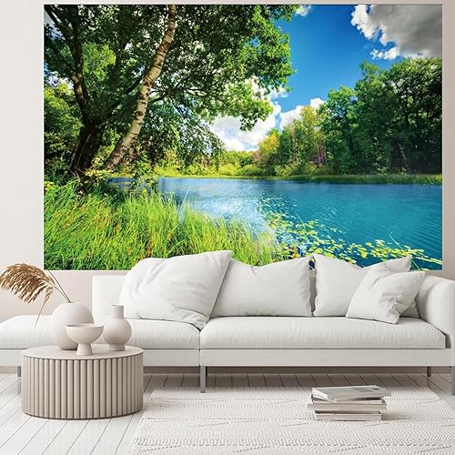 Miniatura 4 de CSFOTO Telón de fondo de paisaje de parque de 5 x 3 pies, río azul agua y árbol, jardín, cielo azul, picnic al aire libre, primavera, fondo,