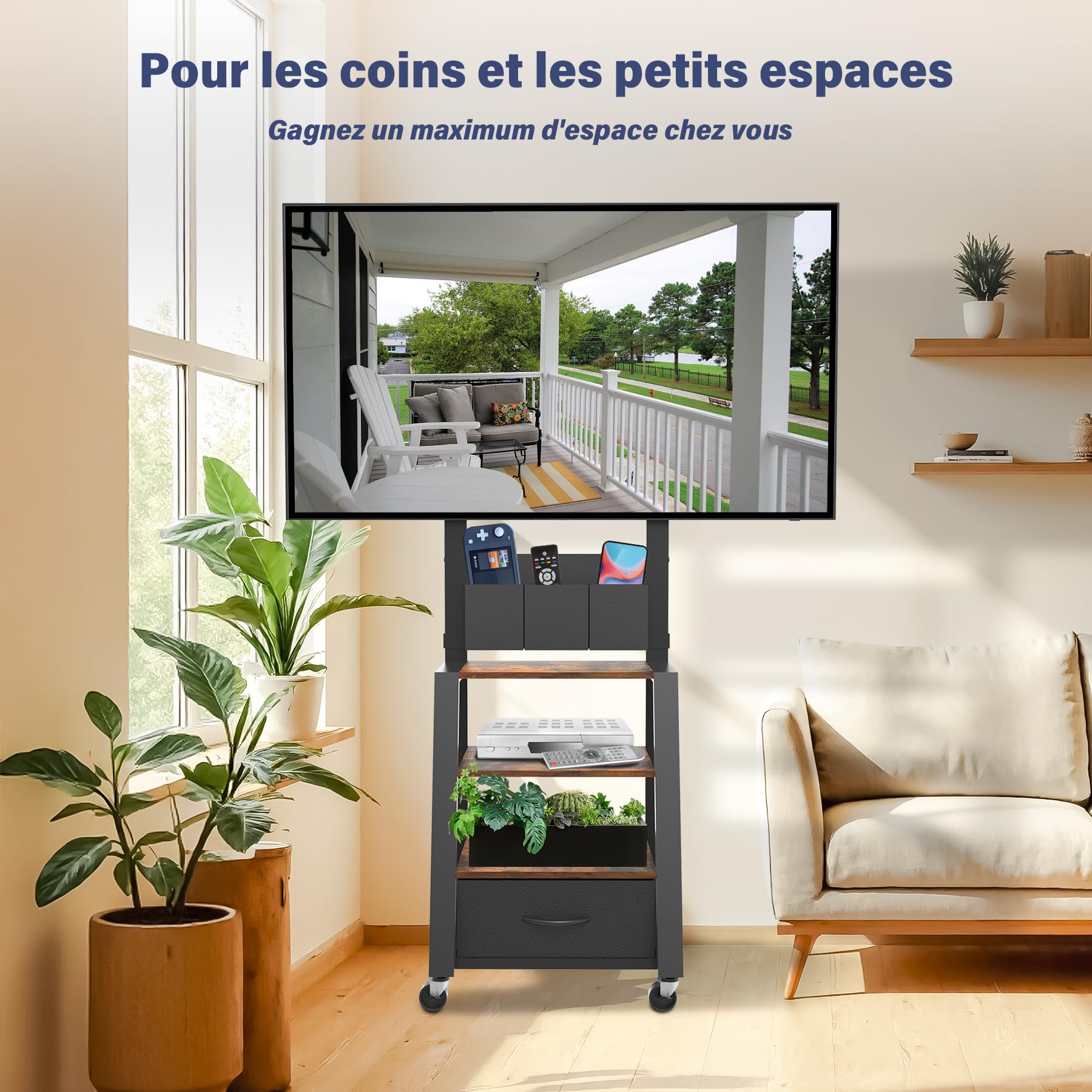 Support TV à roulettes avec tiroir et 3 Niveaux, Plats/incurvés de 23"-60" LCD/LED/OLED. Hauteur réglable Chariot TV Mobile avec roulettes pour Maison, Bureau et l'extérieur. VESA Max 400 x 400 mm