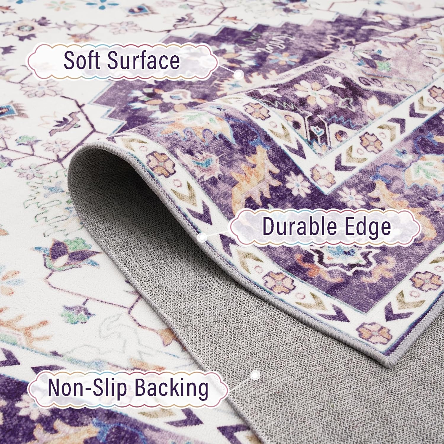 Amearea Vintage Design Area Rugs for Living Room, 5x8 Machine Washable Floral Collection Traditional Bedroom Rug, Low Pile Cute Kids Room Print Carpet, No Slip Office Kitchen Home Decor, Purple - Image 7