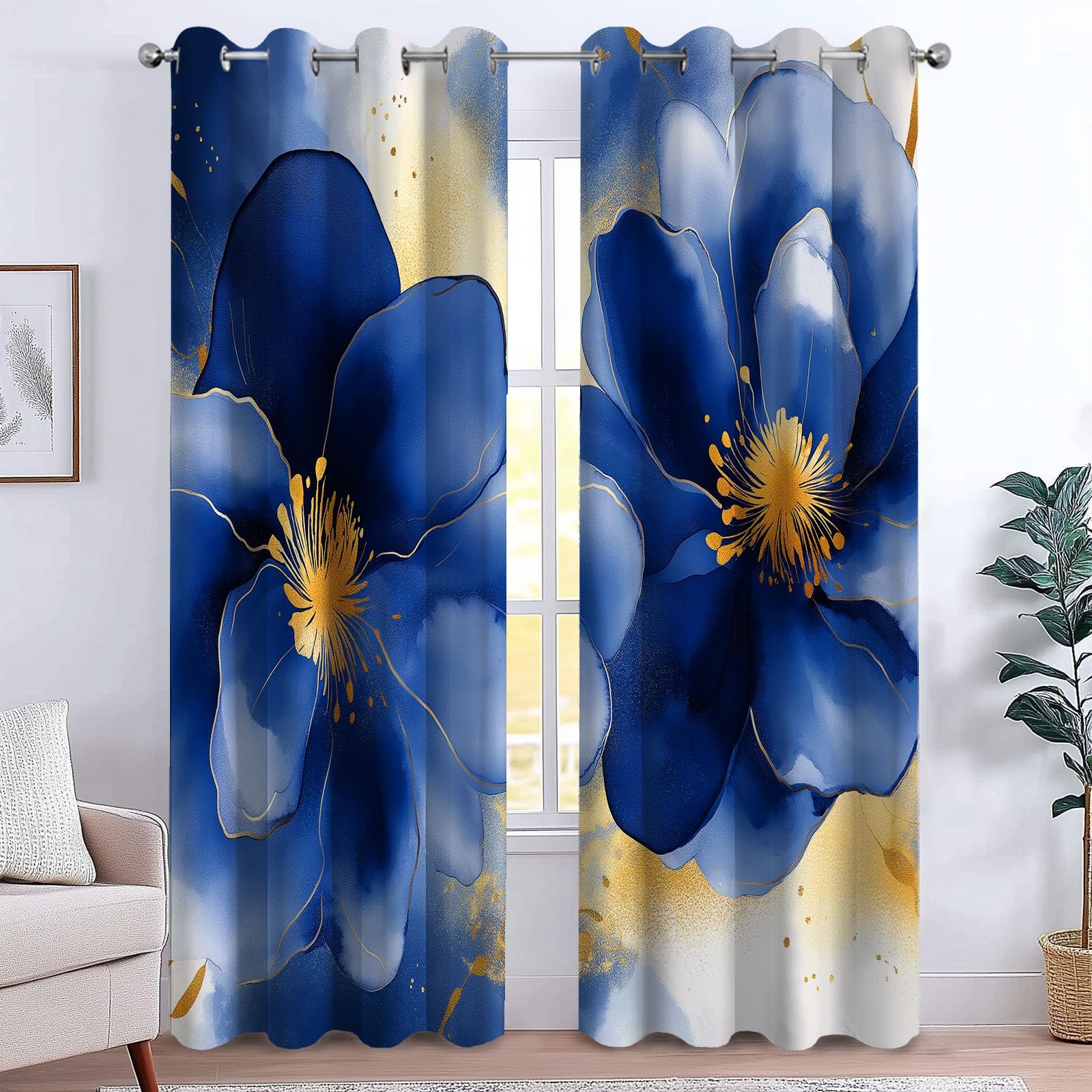 Kids Curtains Eyelet Thermal Insulated 100% Blackout Curtains Blue And Gold Watercolor Marble Botanical Floral Pattern Ring Top Darkening Drapes for Bedroom Living Room 46 x 54 inch Drop 2 Panels