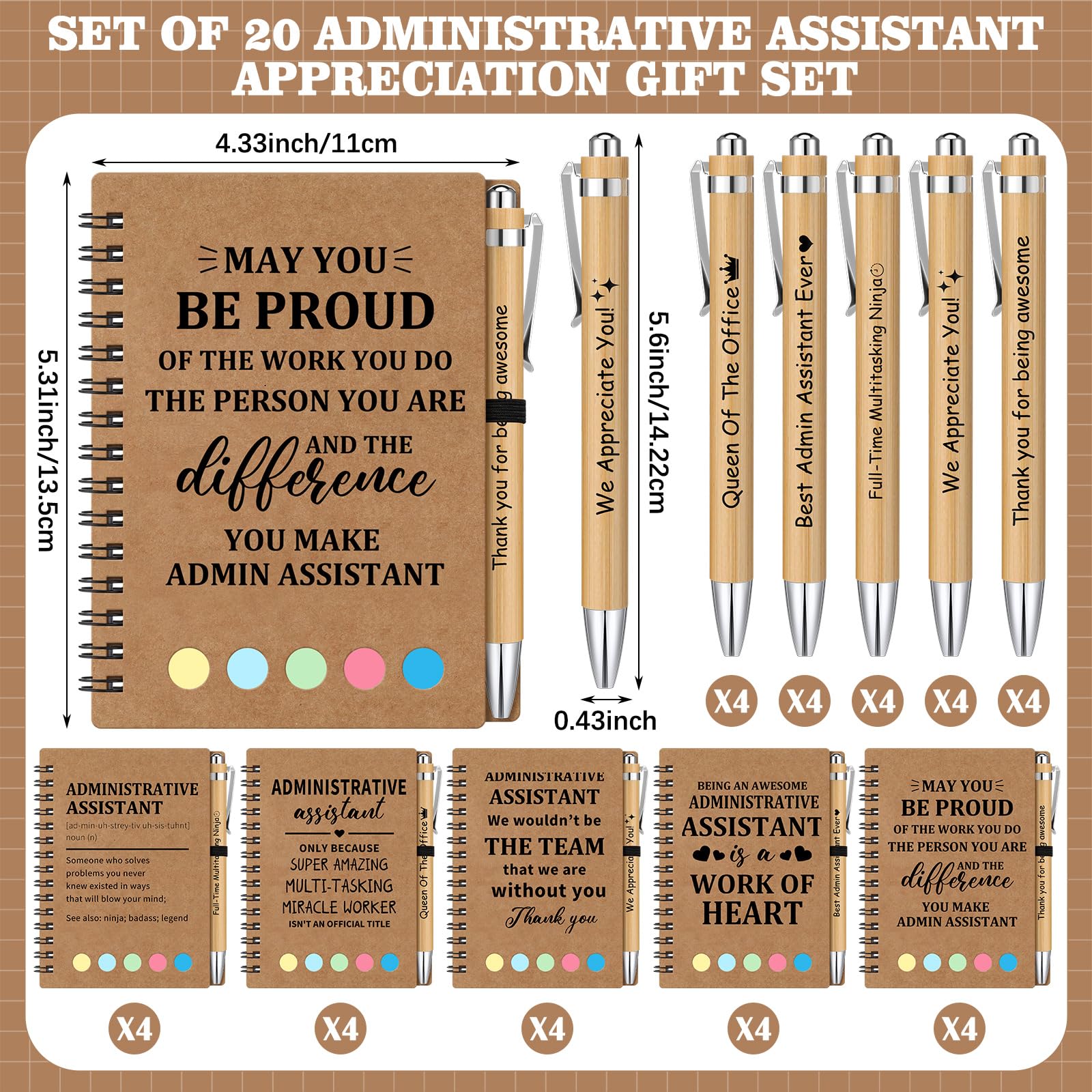 Eaasty 40 Pcs/ 20 Set Administrative Assistant Appreciation Gift Bulk Administrative Professional Day Notebook with Sticky Note Ballpoint Pen Thank You Gift for Women Secretary Employee Coworkers