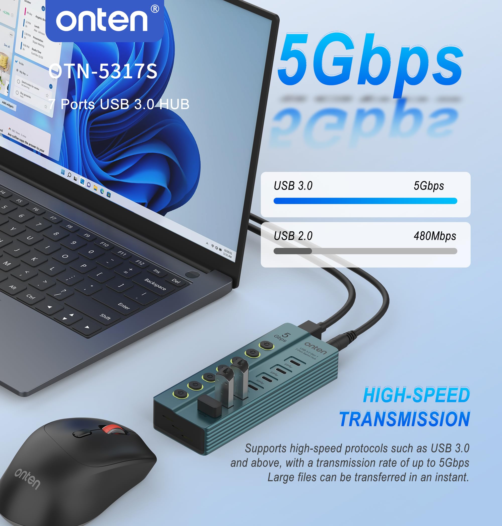 Onten OTN - 5317S Hub USB 3.0 de 7 puertos, transferencia de datos de alta velocidad de 5 Gbps, interruptores independientes, amplia compatibilidad para laptop, tablet, teléfono, consola de juegos