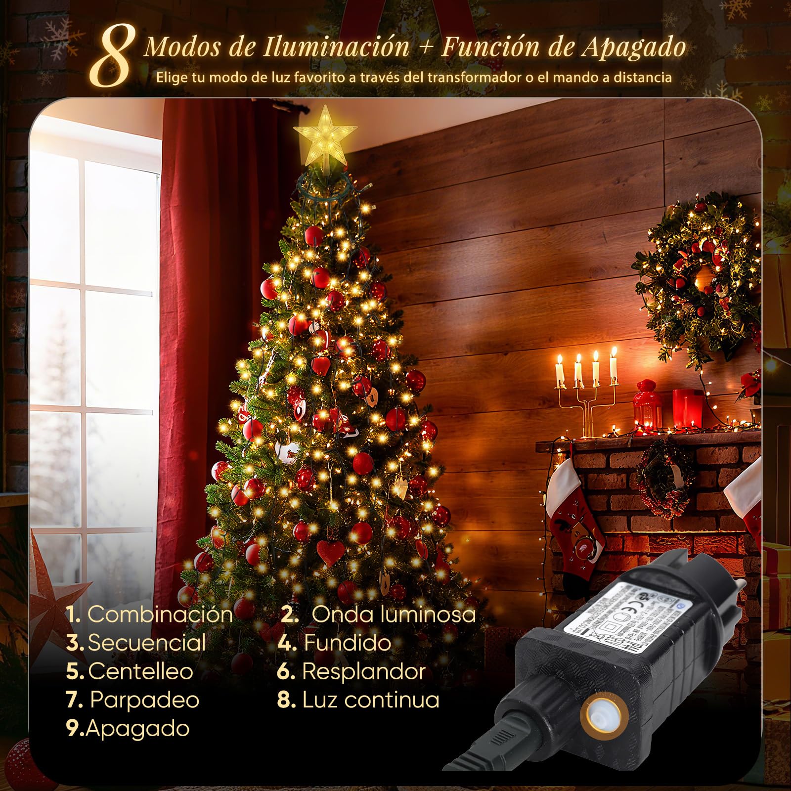 Salcar - Guirnalda luminosa para árbol de Navidad, 1,5 m, con anillos, 10 guirnaldas y estrella con mando a distancia, 260 luces LED para árbol de Navidad, interior exterior, blanco cálido