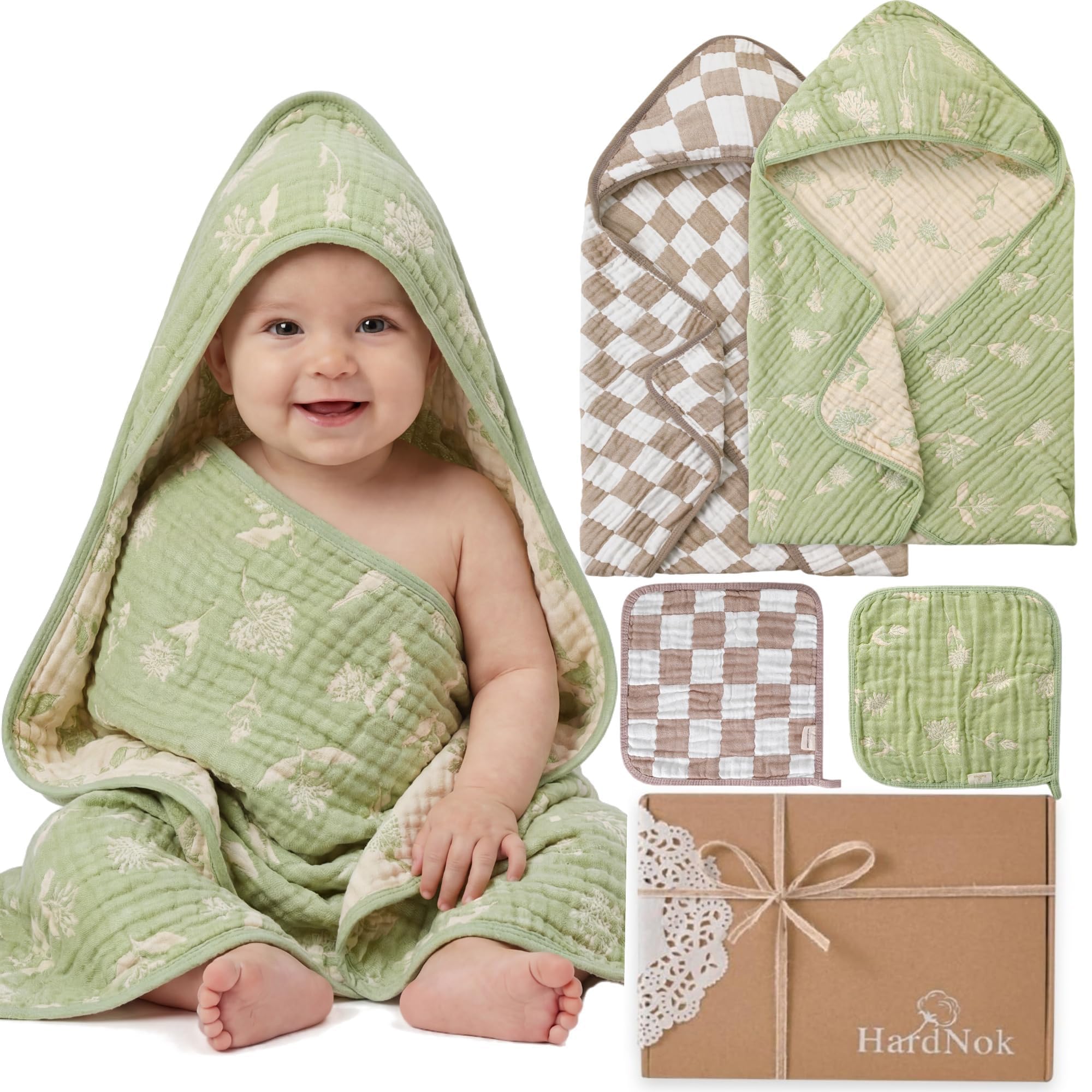 Muslin Baby Bath Towels Set Organic Cotton Blend (Earthy Matcha)