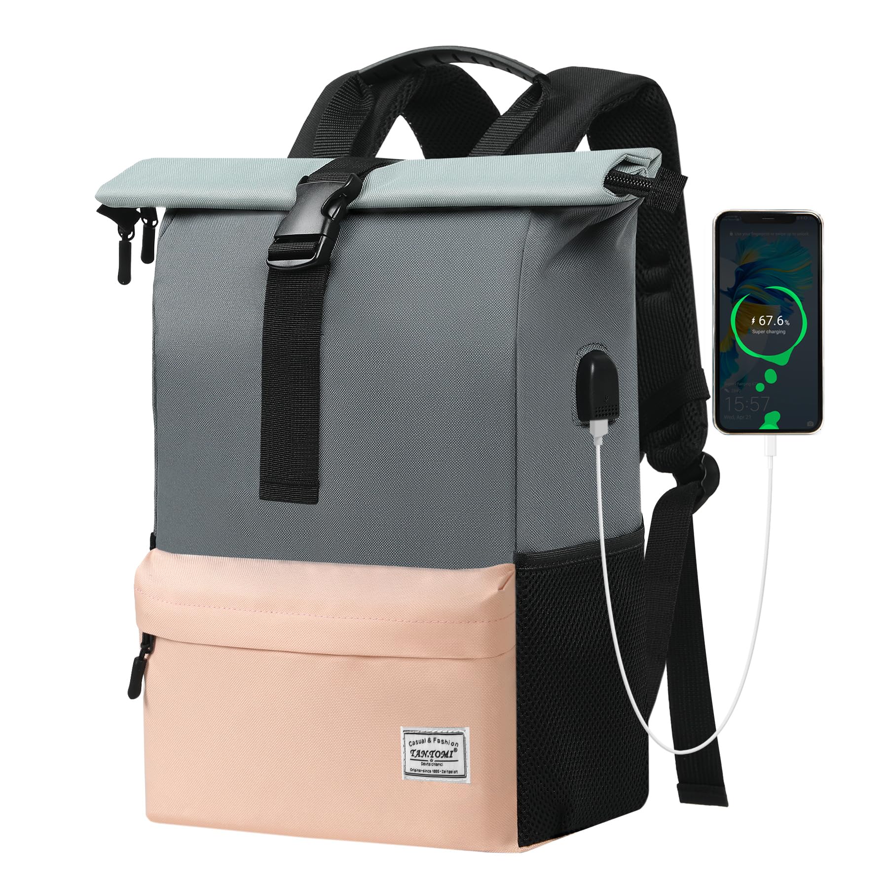 TANTOMI Rucksack Damen Groß, Laptop Rucksack Herren, Unisex Tagesrucksäcke Rolltop Rucksack Wasserdicht, Reiserucksack Lässiger Backpack Schule Freizeit Uni Arbeit Wandern