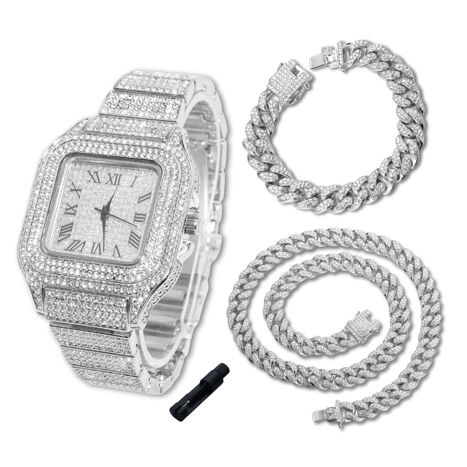 Halukakah Diamentowy złoty zegarek Iced Out dla chłopców – 18 K prawdziwe złoto/platynowana platyna, 40 mm kwadratowy cyferblat, japoński mechanizm kwarcowy - długość 20 cm - opcjonalnie z łańcuszkiem