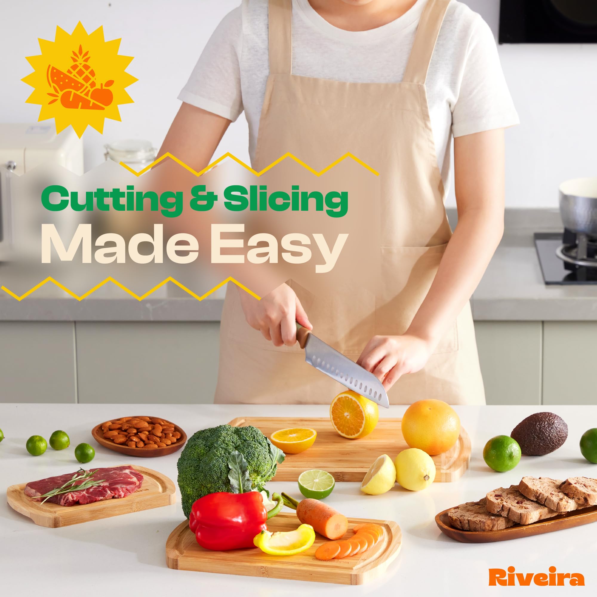 Riveira Tabla de cortar de madera de bambú de dos tonos, versátil y duradera: juego de 3 tablas de cortar rectangulares de madera, tablas de cortar de madera natural para cocina, tabla de cortar de