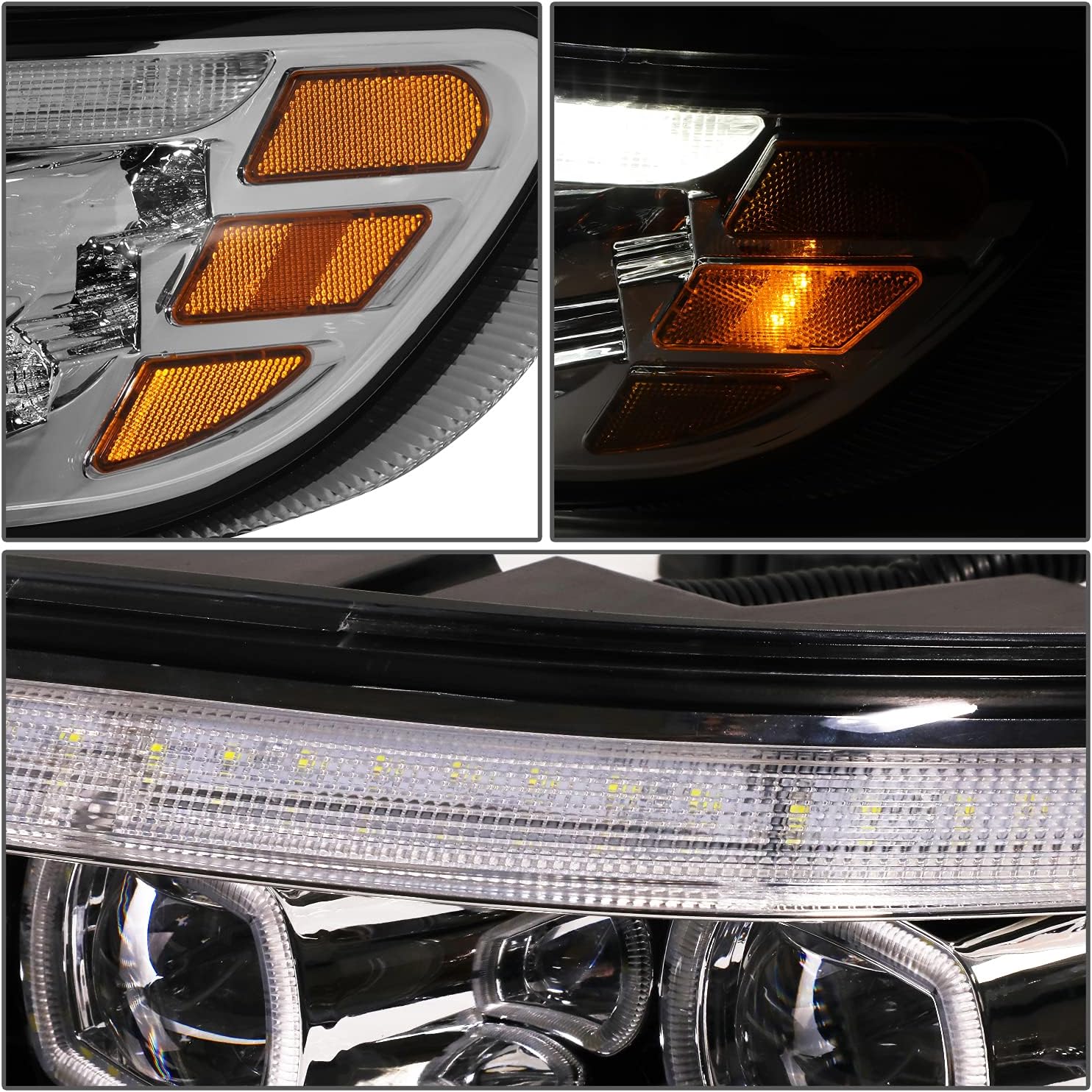DNA MOTORING HL-HAY-011-CH Pair of LED Dual Projector Sequential Chase Turn Signal Chrome Headlights w/Quad Halo DRL Compatible with 99-20 Peterbilt 325-387