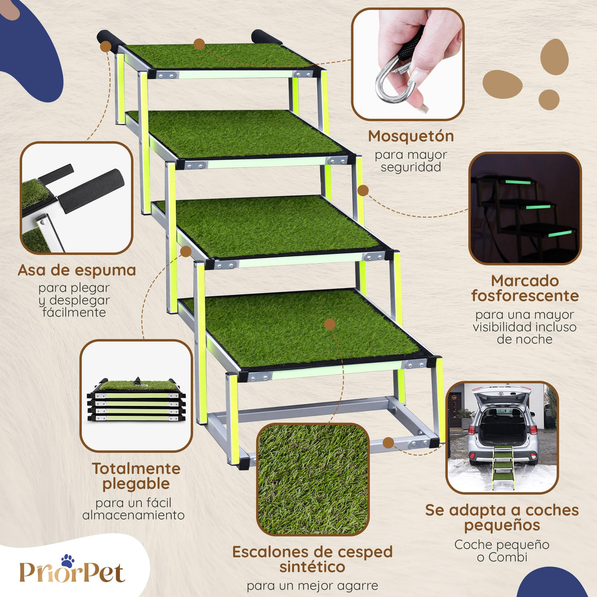 Escalera para Perros Plegable - Marca Que Brilla en la Oscuridad - Rampa para Perros de Coche - Adecuada para Todos los Coches - Superficie de césped Antideslizante - Capacidad de 77 kg - 4 Escalones