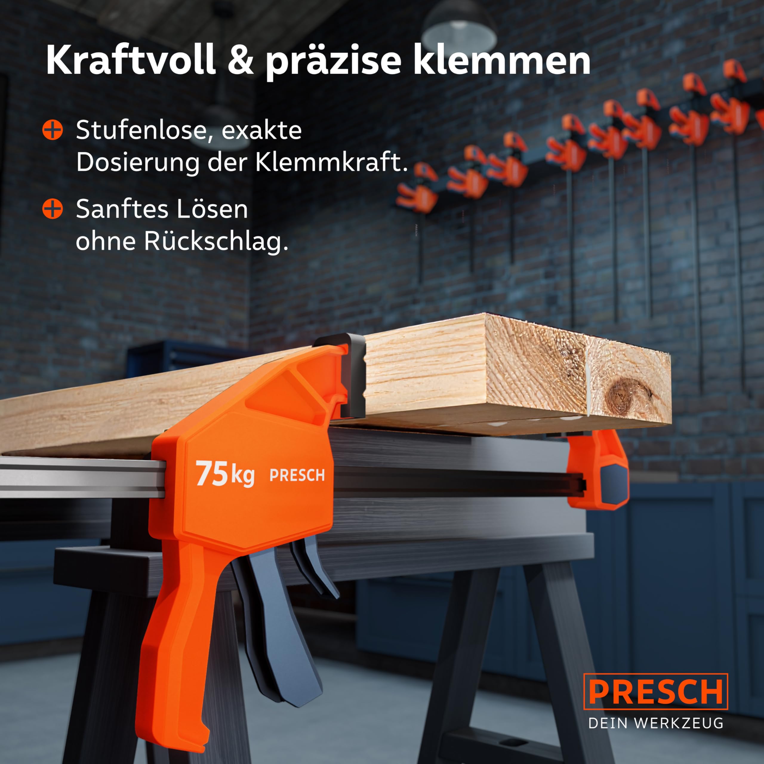 PRESCH Einhandzwingen 150mm & 300mm 4 Stk. – Zwingen Set mit 75kg Spannkraft für sofortiges Fixieren – Robuste Schnellspannzwingen dank Carbonstahl & glasfaserverstärktem Gehäuse – Mit Spreizfunktion