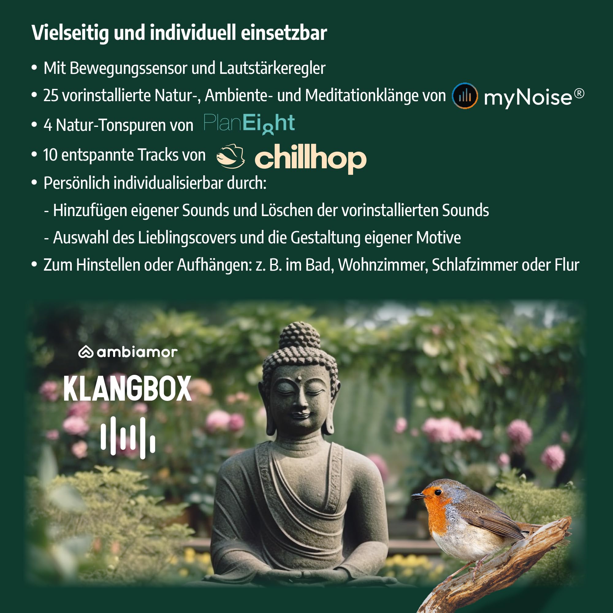 Klangbox frei bespielbar mit Speicherkarte - vorinstallierte Natursounds und Chillhop (Ambiente-Musik); Bewegungsmelder-Box wiederaufladbar mit 26 Styles + 39 Sounds
