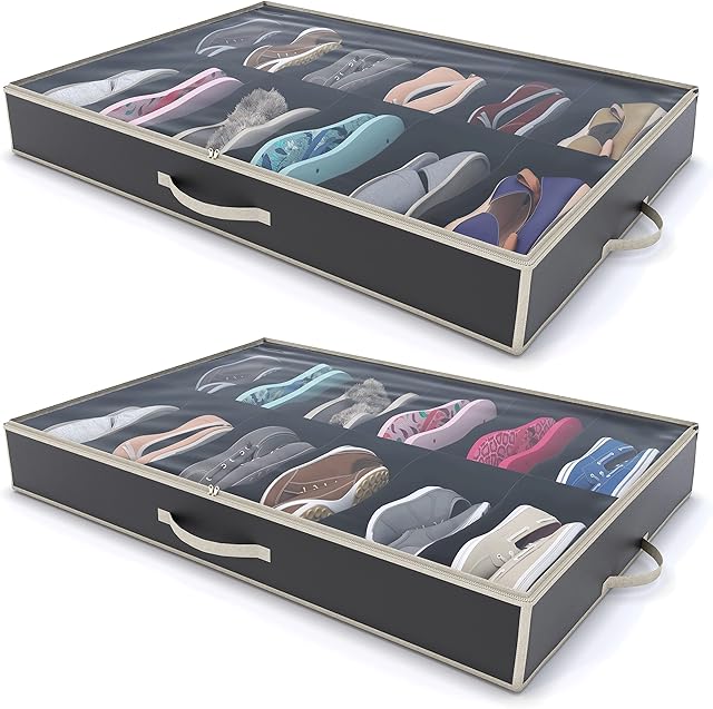 Woffit Under The Bed Shoe Organiser Fits 24 Pairs  Set of 2x12 Under Bed Storage Solution for any shoe size