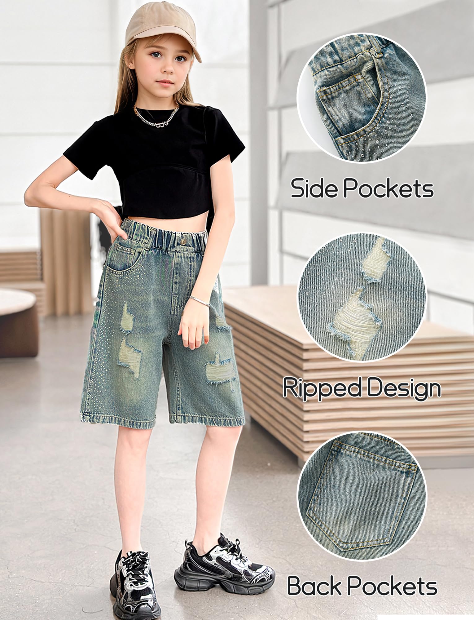 Happy Cherry Pantaloncini in denim per bambine estivi elasticizzati a vita alta pull on Midi/mini jeans pantaloncini 5-14 anni
