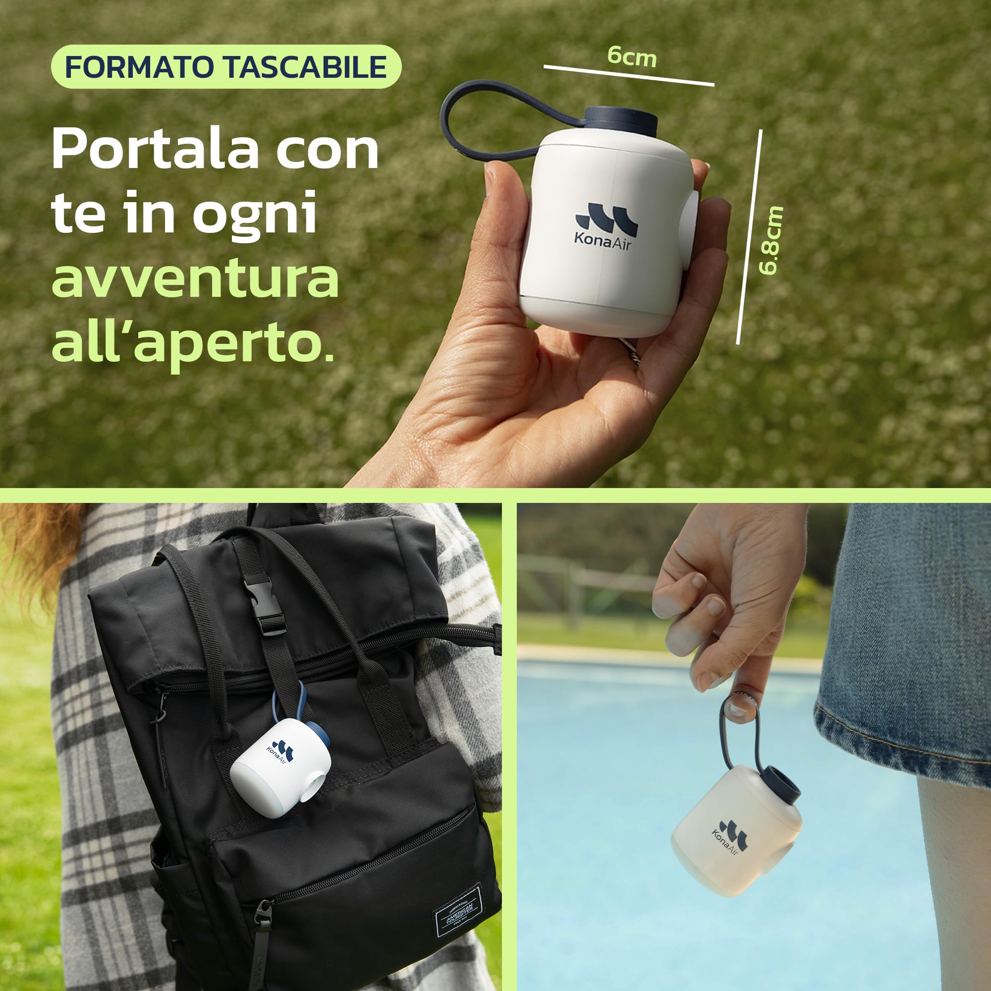 Woowind Kona Air Pompa Elettrica Per Materasso Gonfiabile, mini pompa ad aria per gonfiabili, portata 200 L/min, gonfia/sgonfia letti, galleggianti, tende, con luce LED di 10 ore
