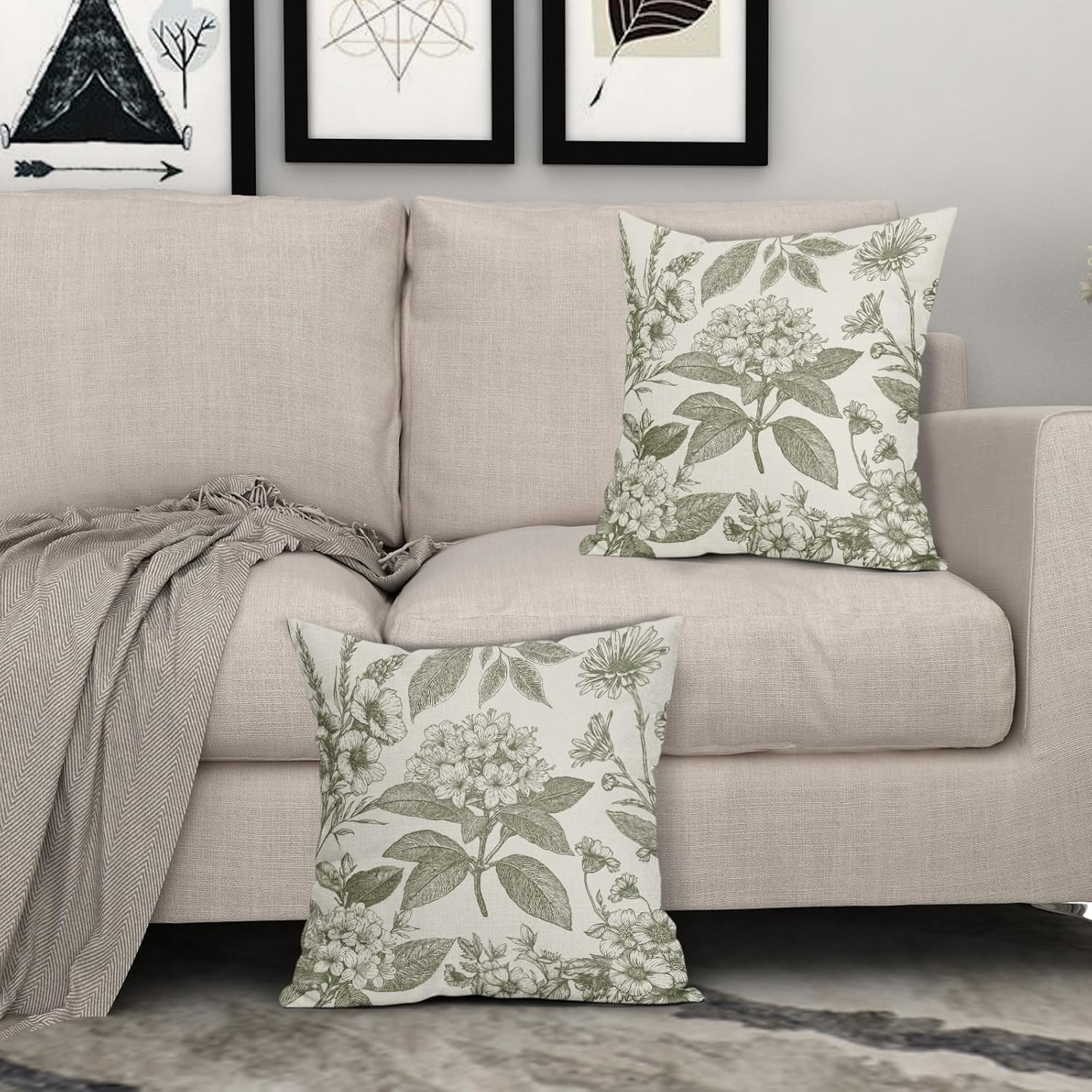 Sage Green Floral Pillow Covers 18x18 Inch Set of 2 Spring Flower Pattern Print Vintage Decorative Throw Pillowcases Neutral Seasonal Outdoor Rustic Farmhouse Cushion Cases Decor for Sofa Couch Bed - Image 3