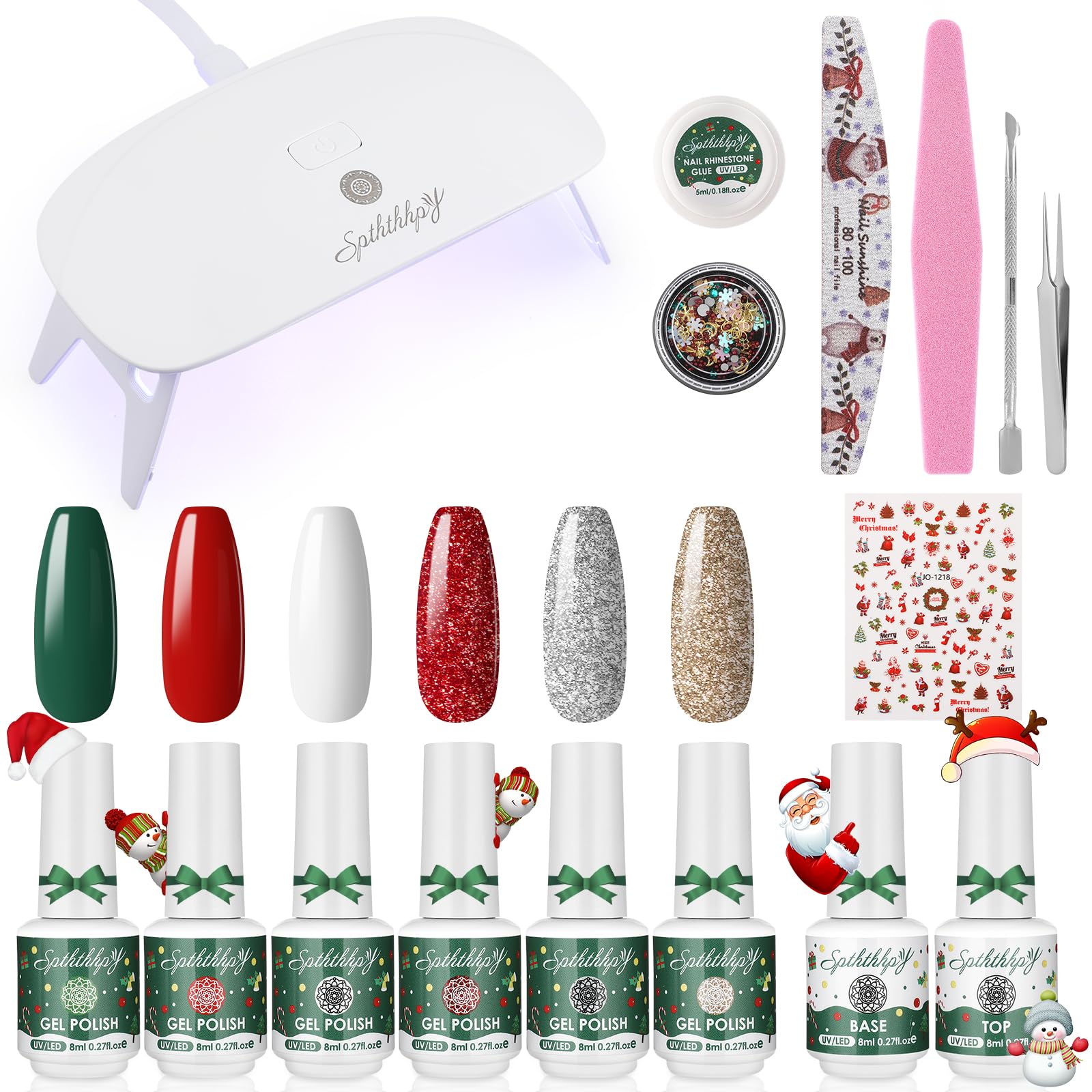 SPTHTHHPYChristmas Gel Nail Polish with UV Light,6 Christmas Colors Gel Polish,Christmas Nail Stickers Nail Rhinestones and Mini Nail Lamp