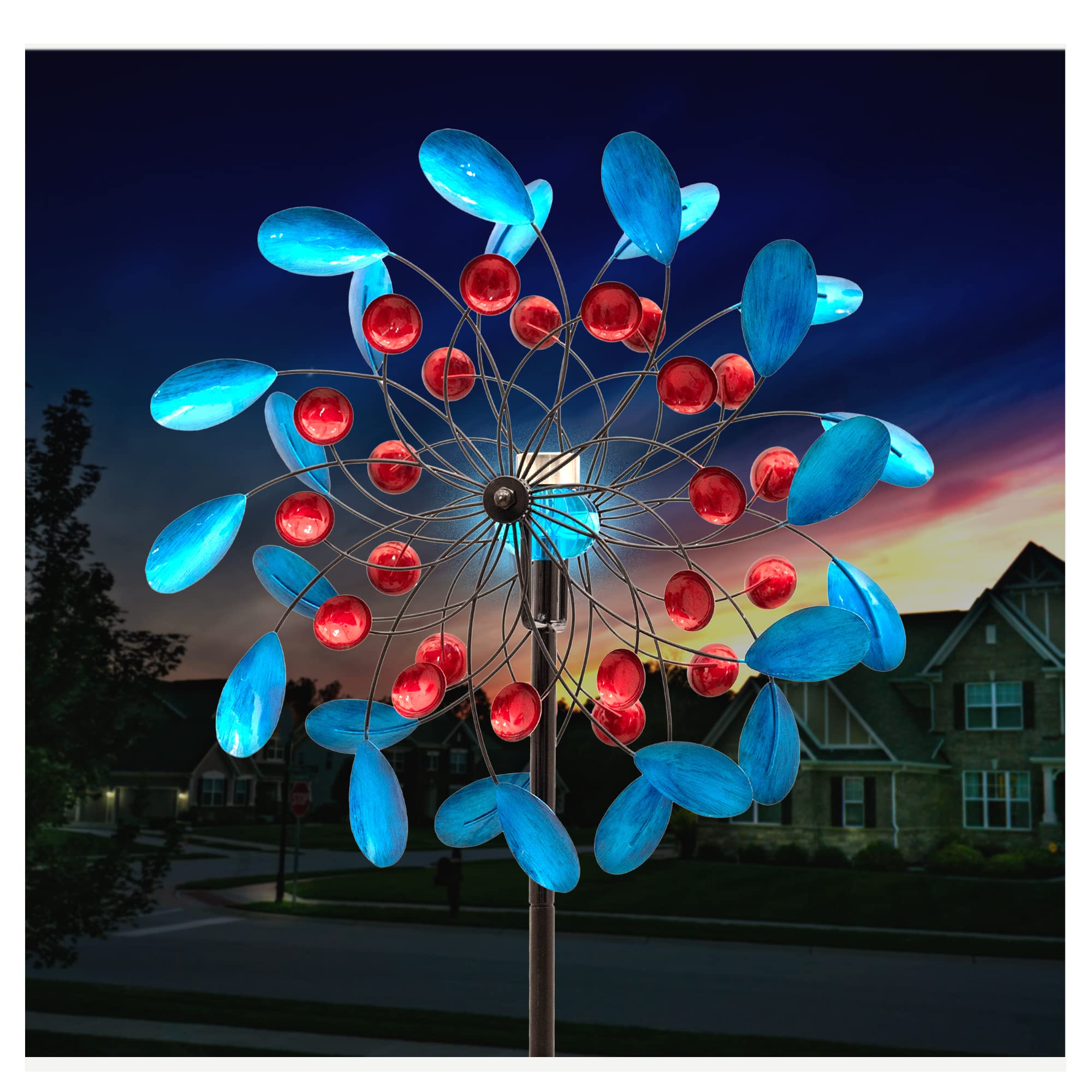 Photo 1 of **USED/POSSIBLE MISSING PARTS** LimeHill Wind Spinner for Yard and Garden - Large Metal Kinetic Wind Sculptures for Outdoor Decorations (Blue with Solar Light 1)