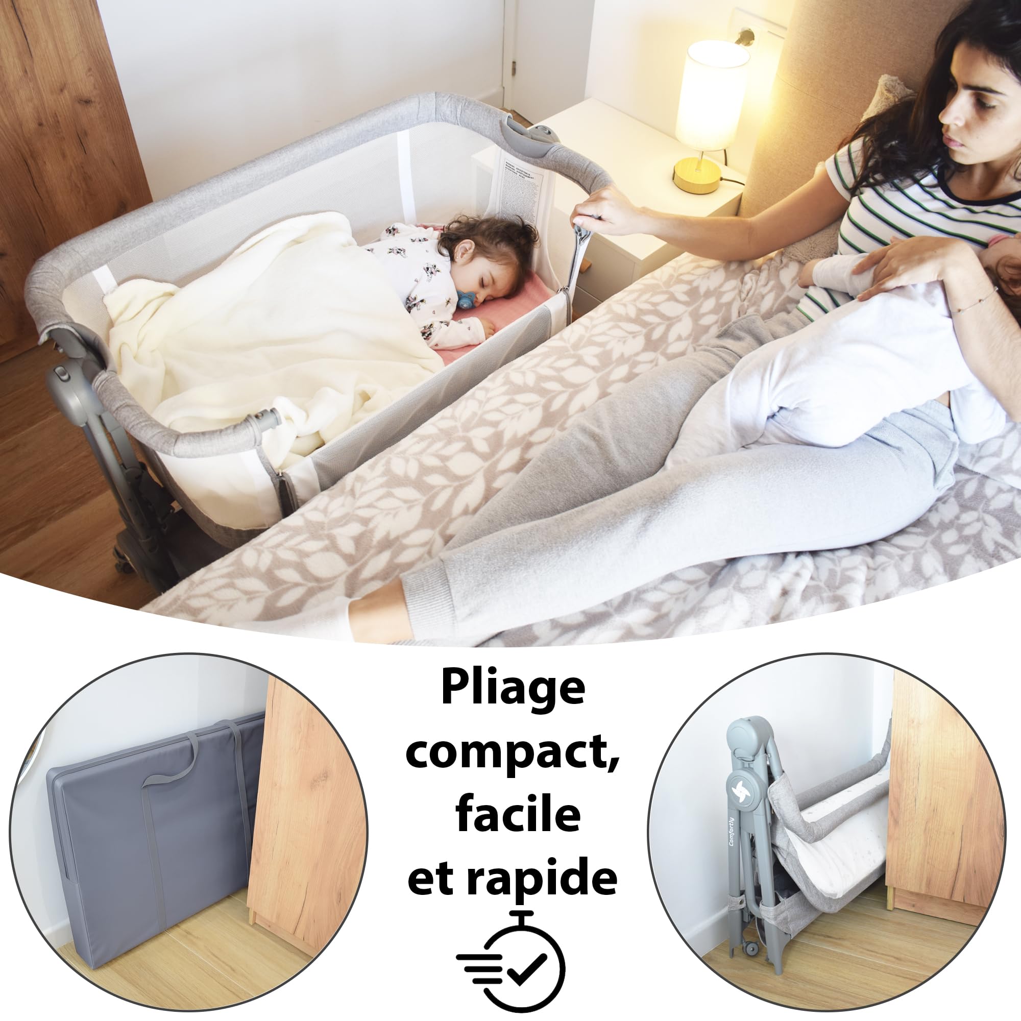 Berceau Cododo Comfortly avec roulettes Lit Parapluie Pliable Hauteur Réglable 5 Niveaux 9 kg Matelas Drap Sac Panier Couleur Bois