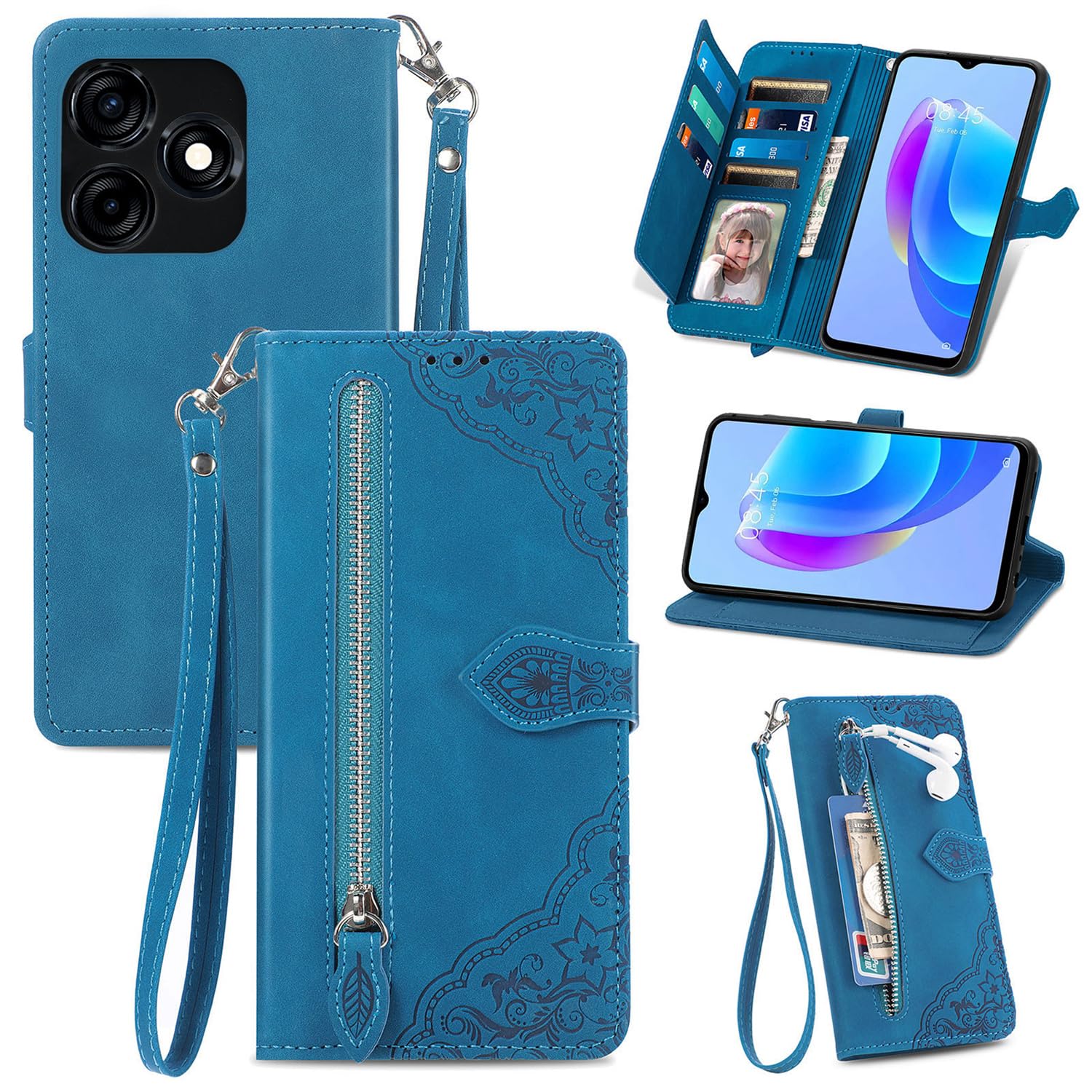 Anti-Fall Flip Cover Protective Shell Compatible with Tecno Spark 10 Pro 10C Spark10Pro Spark10C KI7 KI5k Lanyard Zipper Phone Bags Business Leather Case (Blue,Tecno Spark 10C)