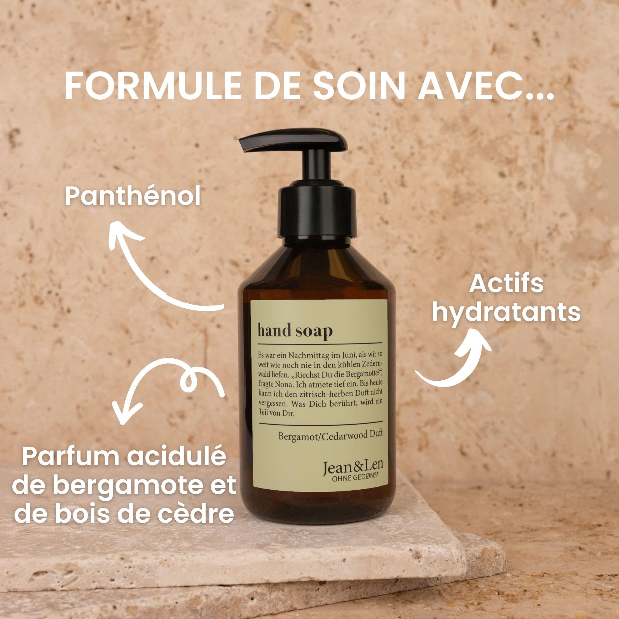 Jean & Len Savon mains Bergamot & Cedarwood, nettoie les mains sollicitées, pour un usage quotidien, savon liquide en distributeur, parfum frais et citronné, végane, 250 ml