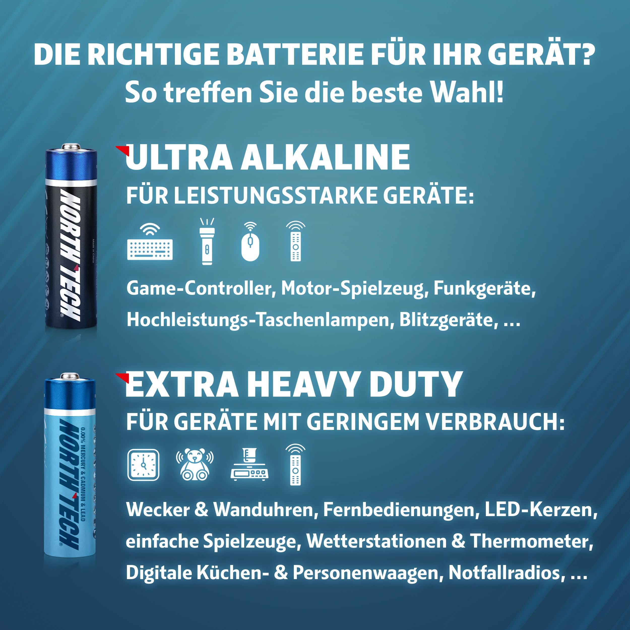 North Tech Ultra Piles alcalines AA et AAA – 90 x AA + 80 x AAA + 5 x CR2032 gratuites | Pack énergétique haute performance | Durable, anti-fuite et respectueux de l'environnement | Durée de vie de 10