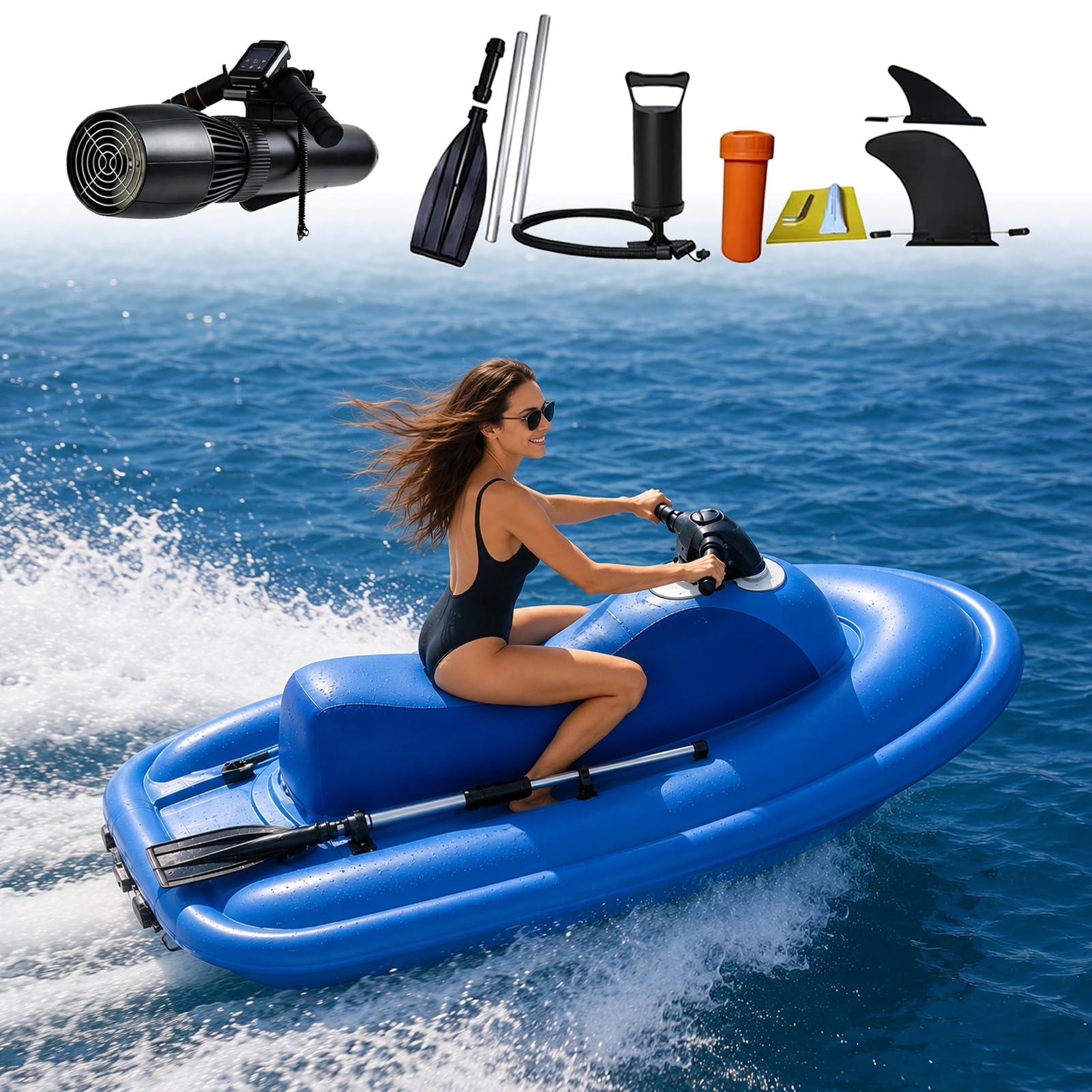 Barco eléctrico subacuático a chorro | Scooter submarino para 2 personas con aletas de seguridad dobles | Potencia de 500/700 W | Velocidad 3-11 km/h | Tiempo de funcionamiento de 40-130 minutos para