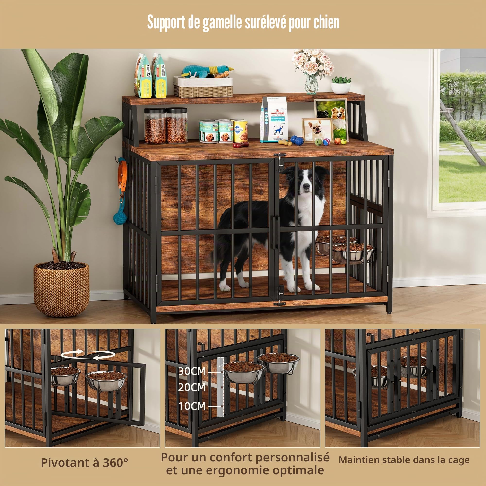 Cage pour chien, meuble pour la maison, 100 x 60 x 85 cm, cage pour chien en bois avec gamelles pivotantes, niche pour chien de style meuble avec espace de rangement pour chiens jusqu'à 35 kg
