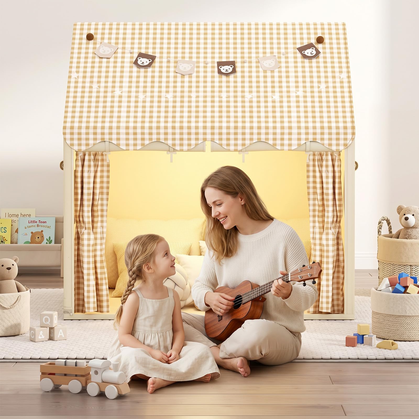 LOMUG Kinderzelt mit Lichtern und Flaggen, Kinder Bettzelt, Innenbettzelt, Spielzelt für drinnen, Prinzessin Zelt mit Fenstern, Kinderspielhaus für Jungen und Mädchen