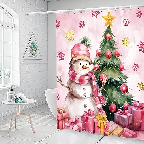 Cortina de ducha de Navidad con diseño de bola de Navidad rosa, bonita cortina de ducha de muñeco de nieve, juego de cortina de ducha de invierno