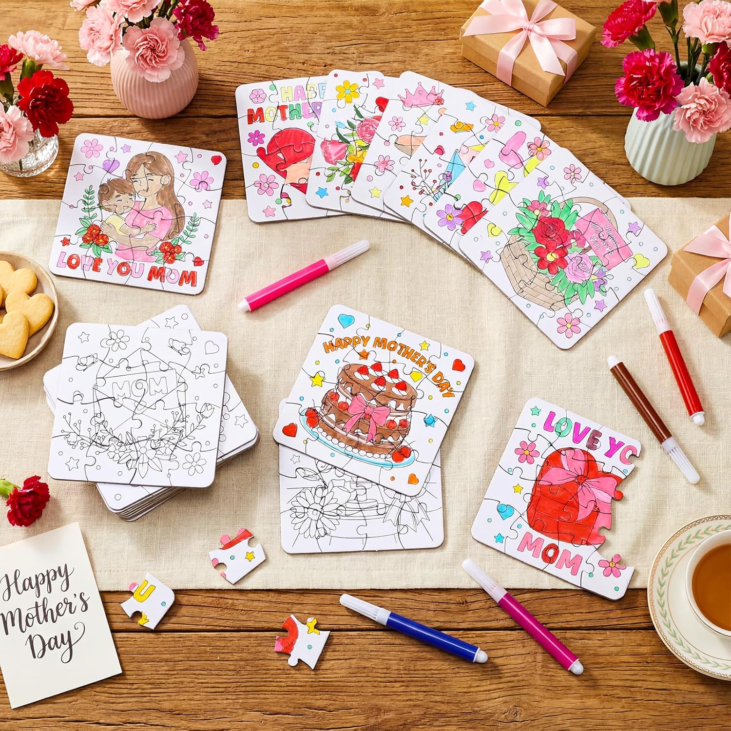 Gueevin 24 Set Mother's Day Crafts Kits Coloring Puzzles Gifts for Mom with Watercolor Pens Mother's Day Arts and Crafts DIY Puzzle for Classroom Family Activities Party Favors