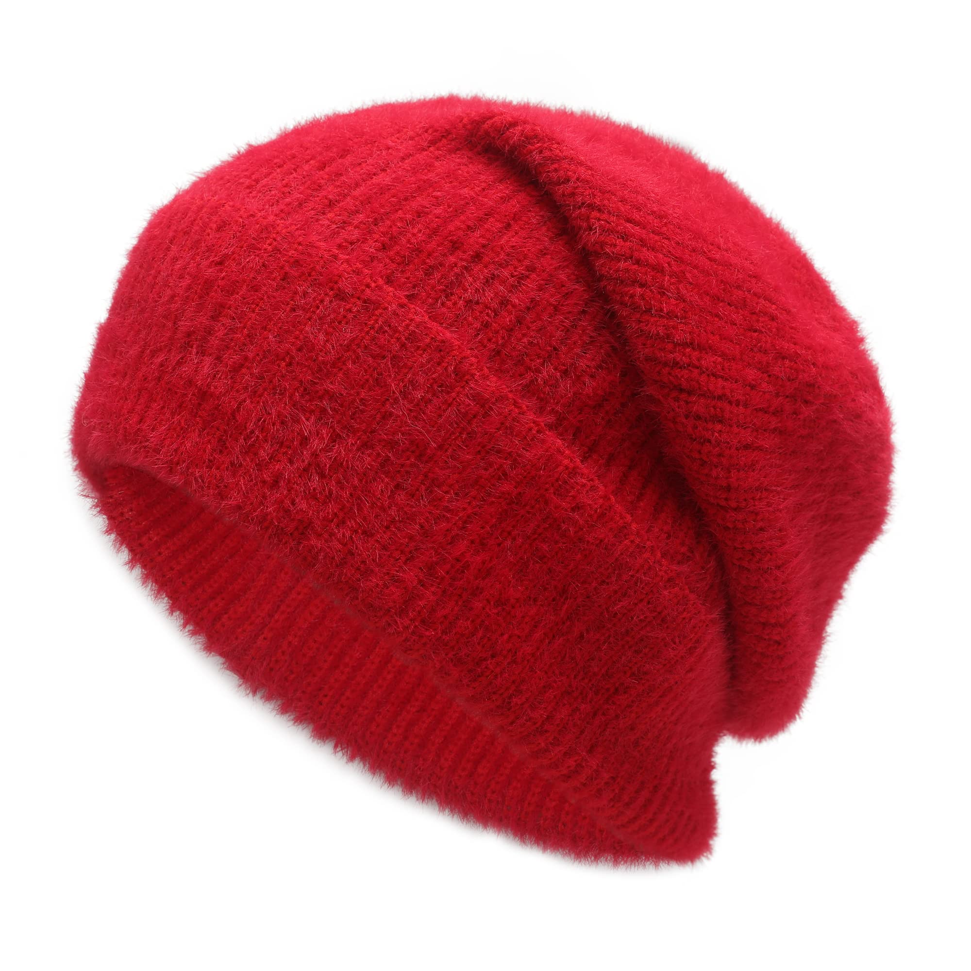 ZLYC Winter Slouchy Beanie Hat Warm Ribbed Knit Stretch Skull Cap for Women Men (Plain Red)