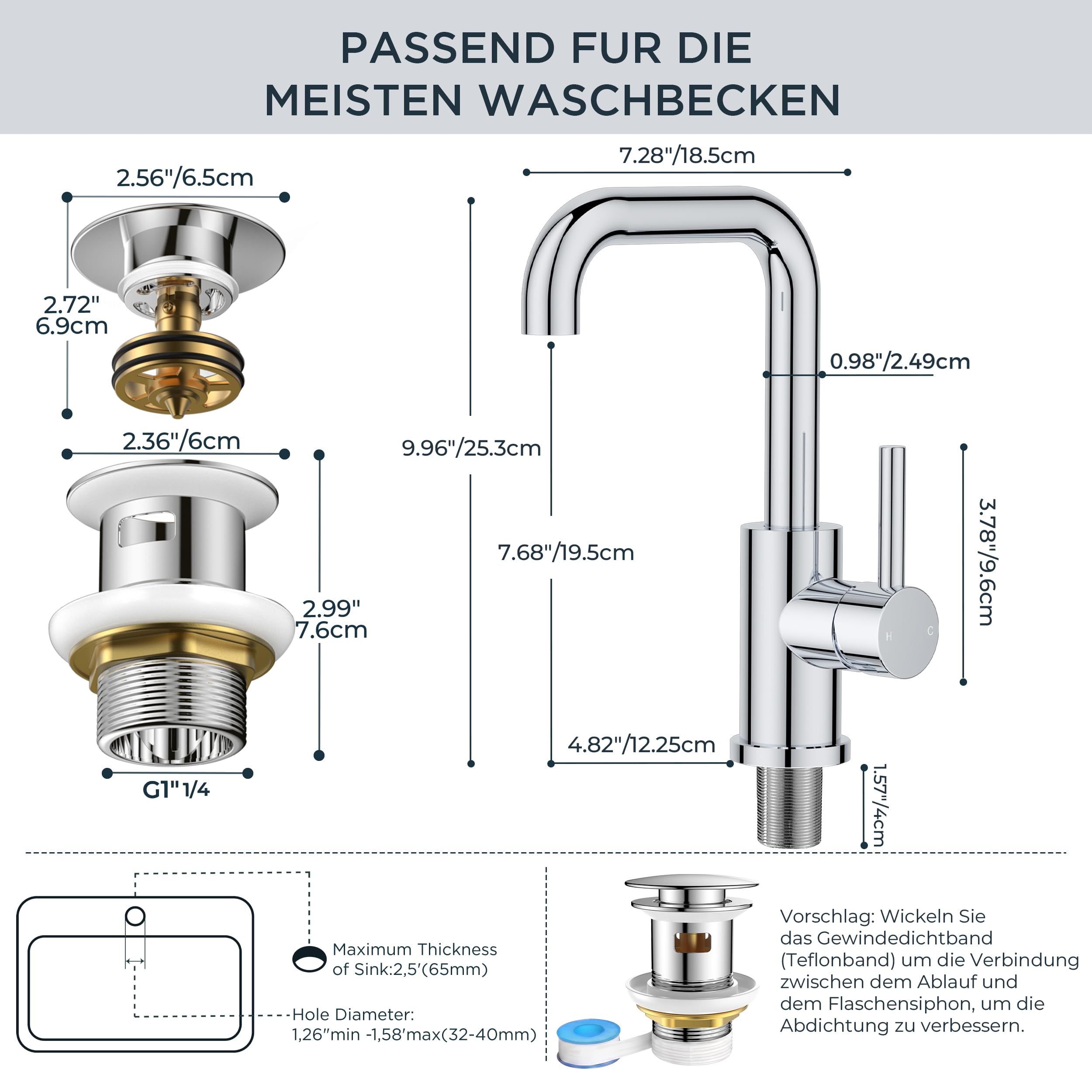 FORIOUS Wasserhahn Bad Hoch 360°Drehbar,Edelstahl Waschtischarmatur Chrom
