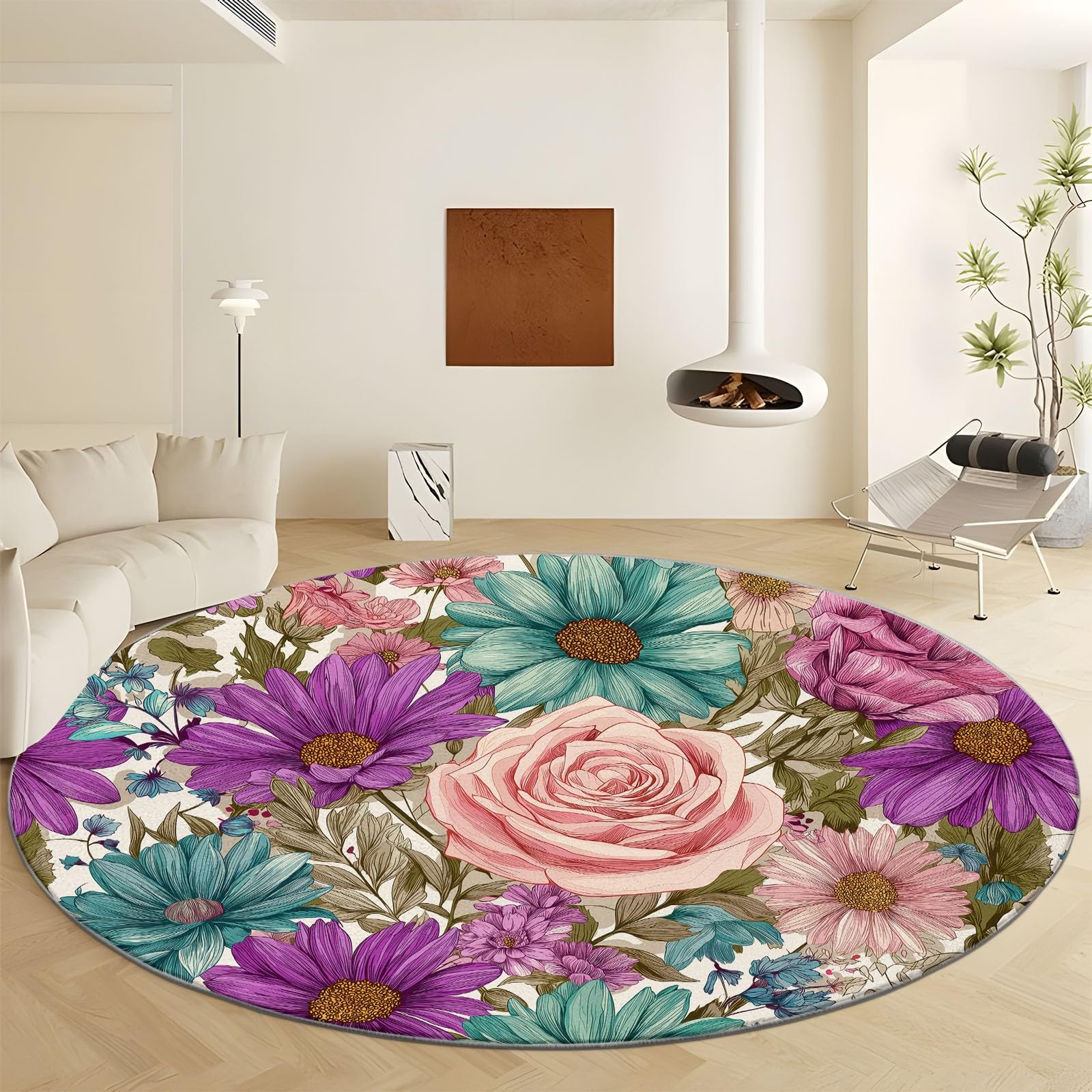 Tapis rond doux et confortable au style orné floral de 150 cm