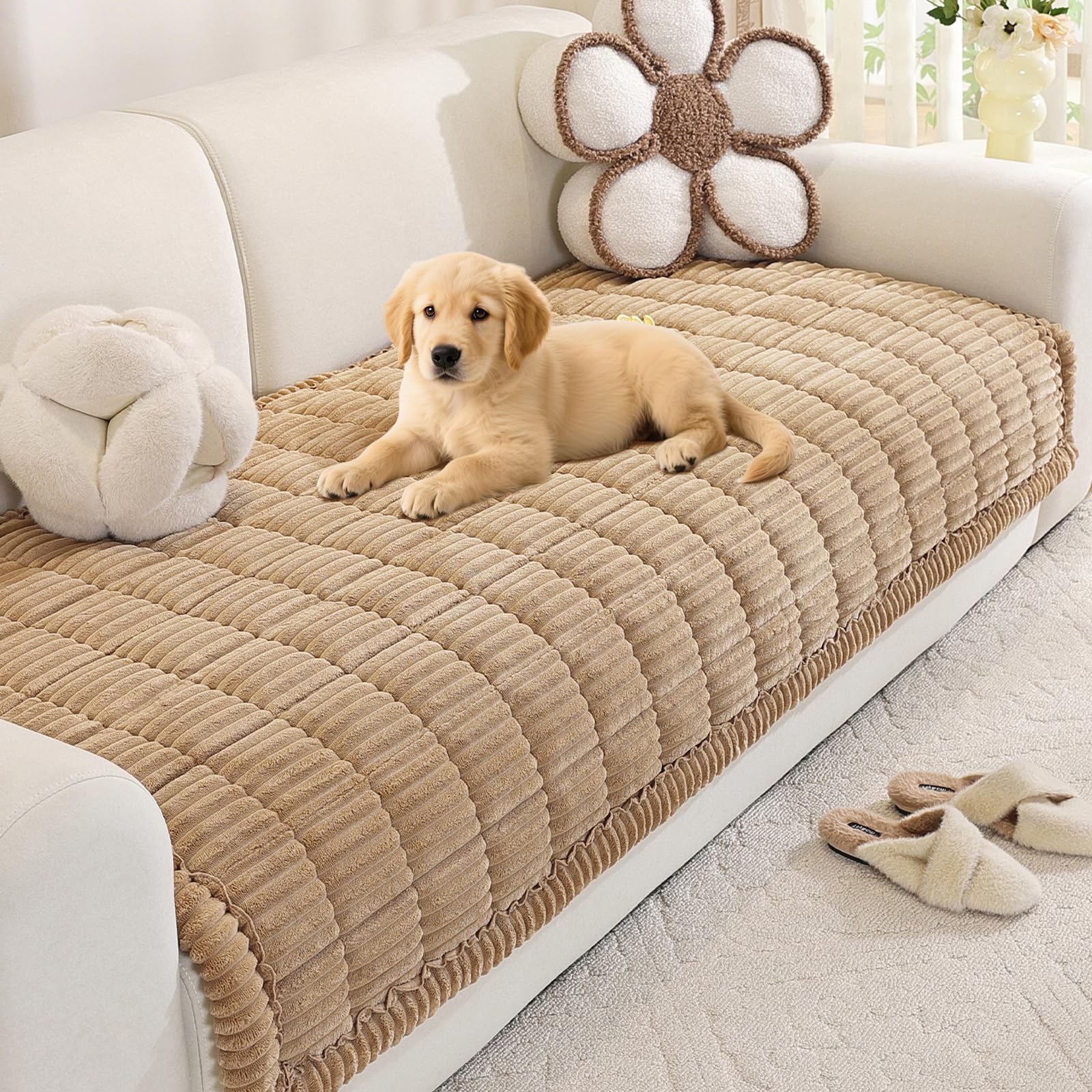 Royhom Pet Sofa Covers Washable, Soft Thick Sofa Cover 2 3 4 Seater, Couch Protector for Dogs, Settee Covers Furniture Slipcovers (Khaki, 90x180cm)