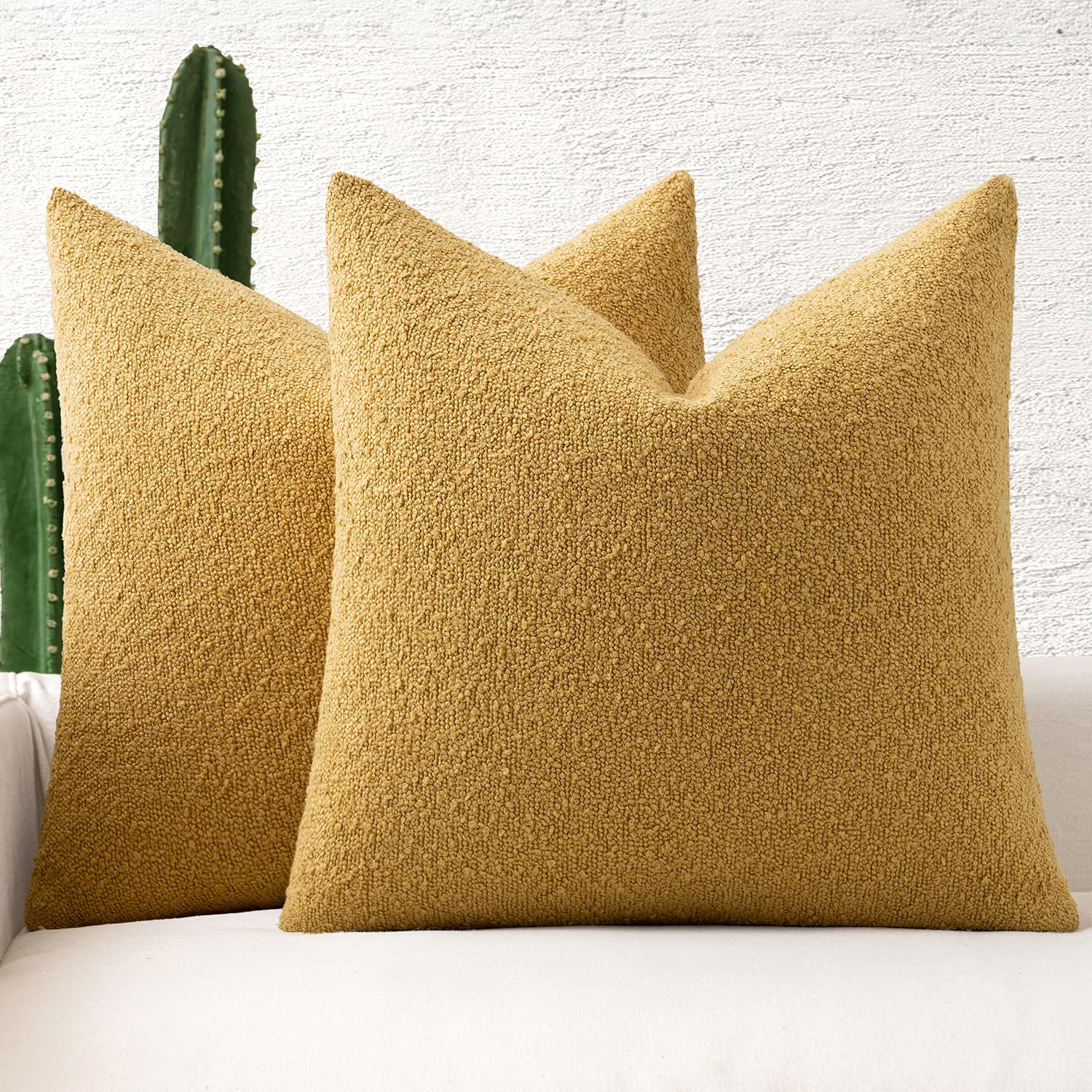 MIULEE 20x20 Inch Decorative Pillow Covers for Couch Bed Set of 2 Textured Boucle Neutral Throw Pillow Covers Gold Accent Solid Pillowcases Sofa