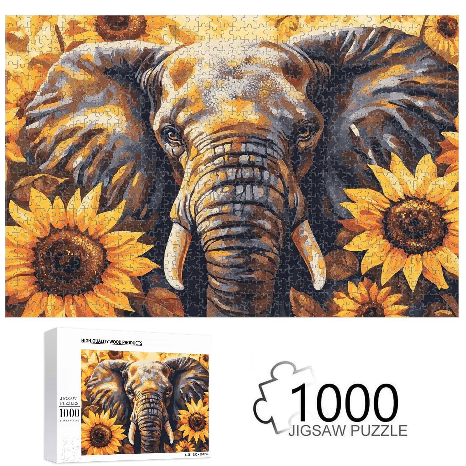 Puzzle 1500 elementów, słonecznik i słoń trwałe drewniane puzzle 1T#444